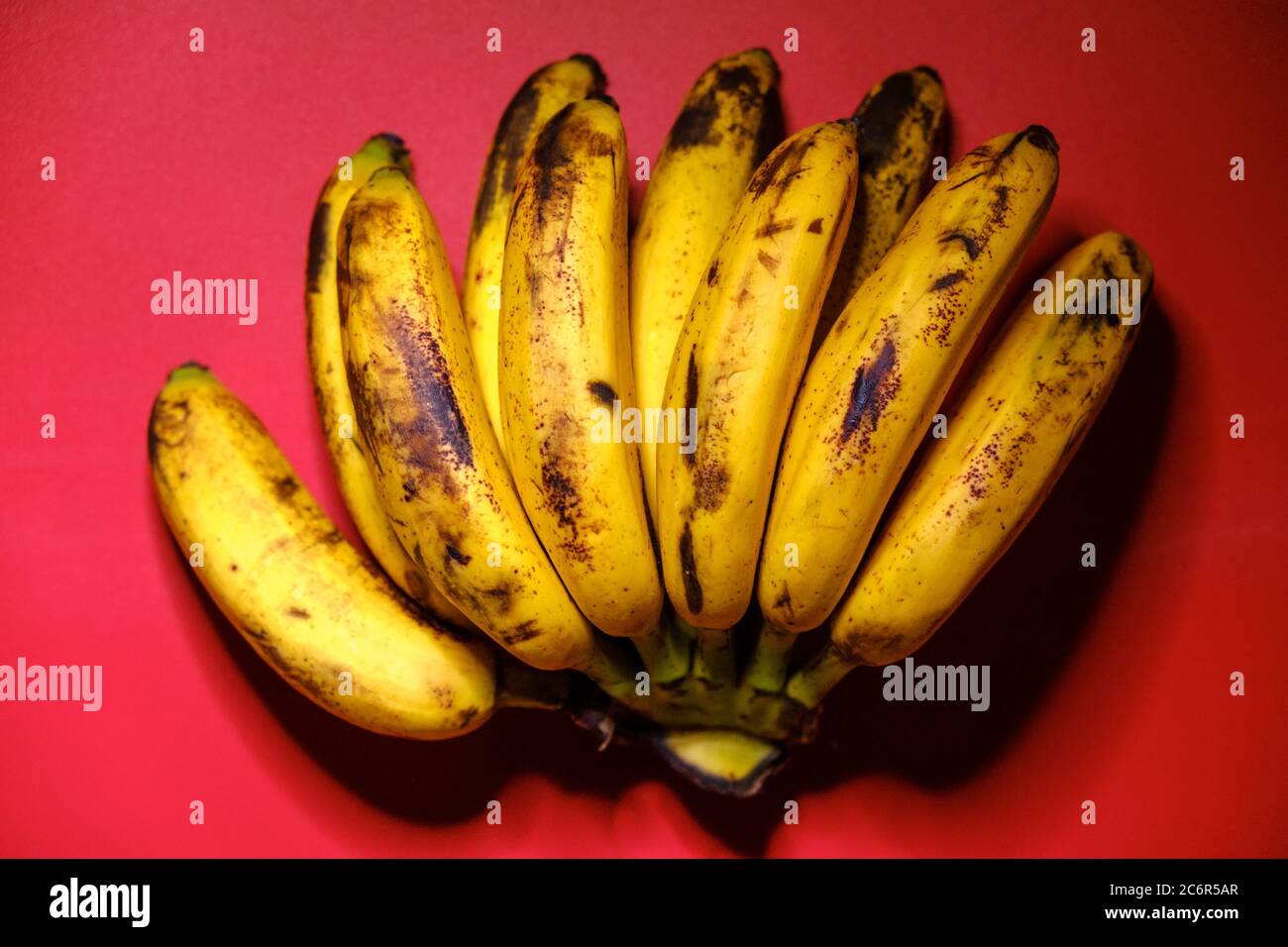https://c8.alamy.com/comp/2C6R5AR/organic-bananas-on-red-background-top-view-bunch-of-bananas-is-lying-on-orange-background-with-dark-spots-marking-ripening-process-2C6R5AR.jpg
