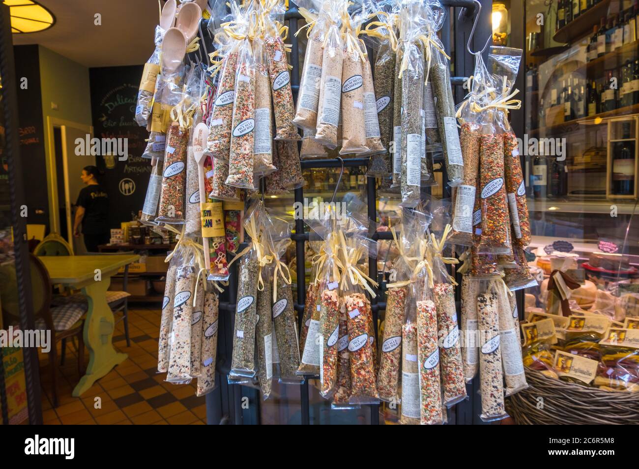 Lucca, Italy August 14, 2019 Shop window with the Food local products and souvenirs of Lucca