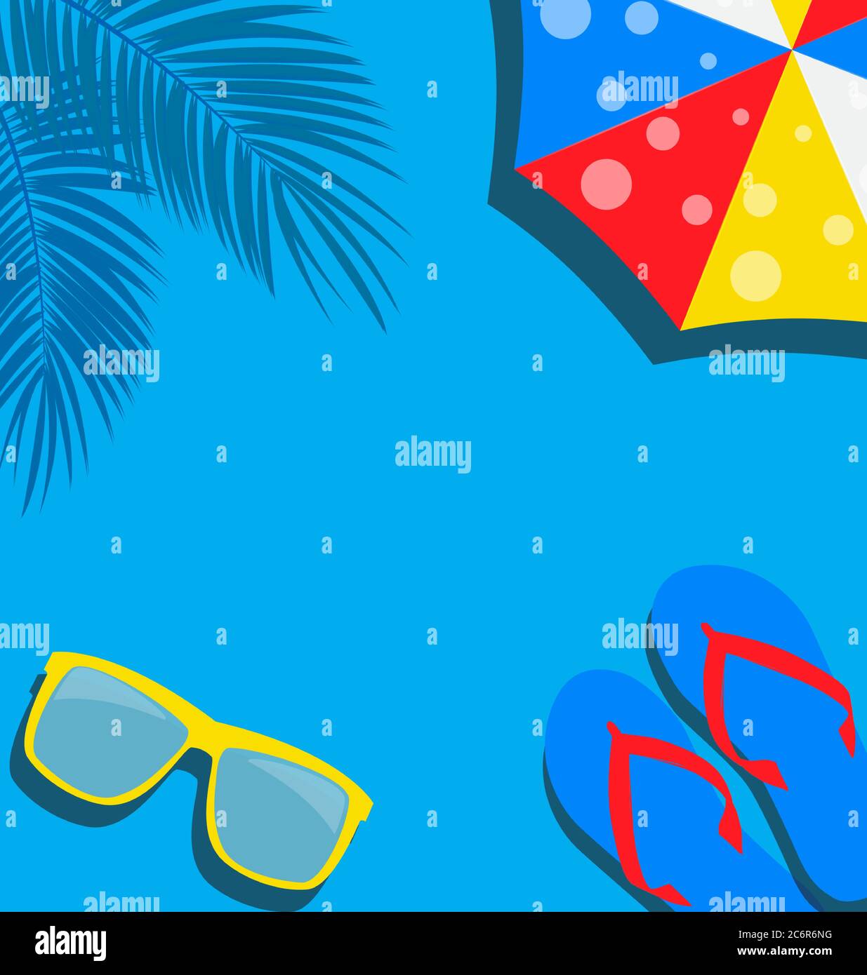 Beach Background with Flip Flop, Palm, Umbrella and Glasses Vector ...