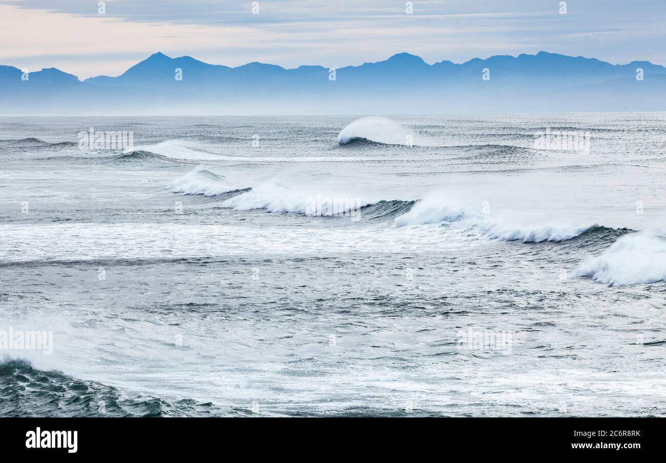 Waves on the Oregon Coast, as seen from Clatsop Spit, Fort Stevens State Park, USA. Stock Photo