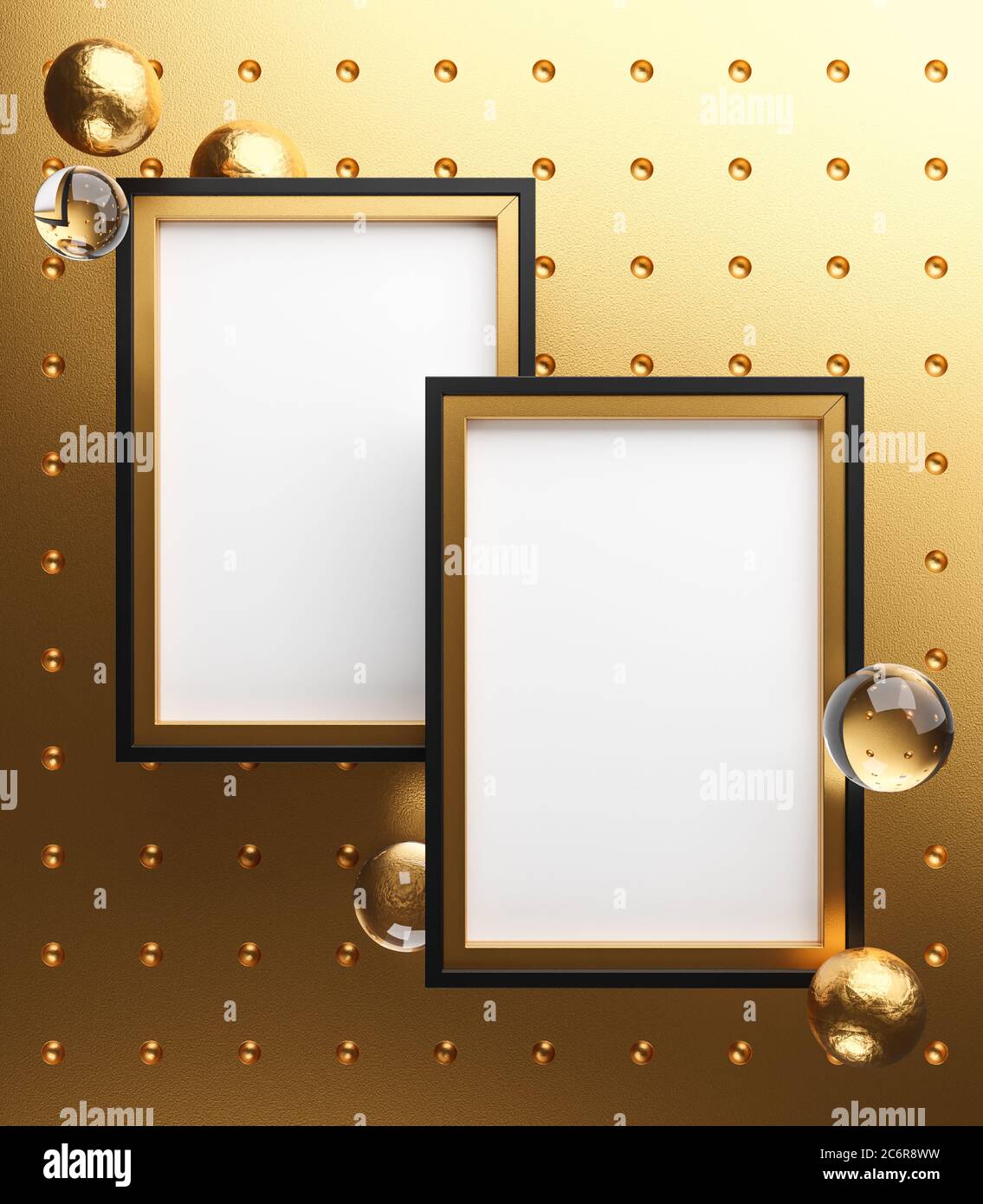 Two Gold Frames Elegant Mock Up Poster Template. Glass Golden Bubbles