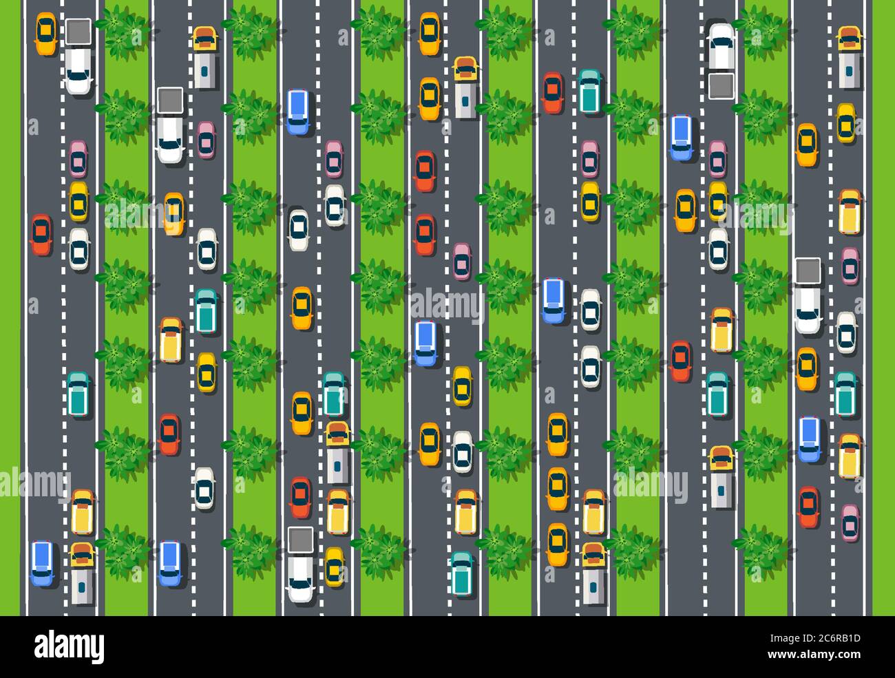 Road top view with highways many different vehicles Stock Vector