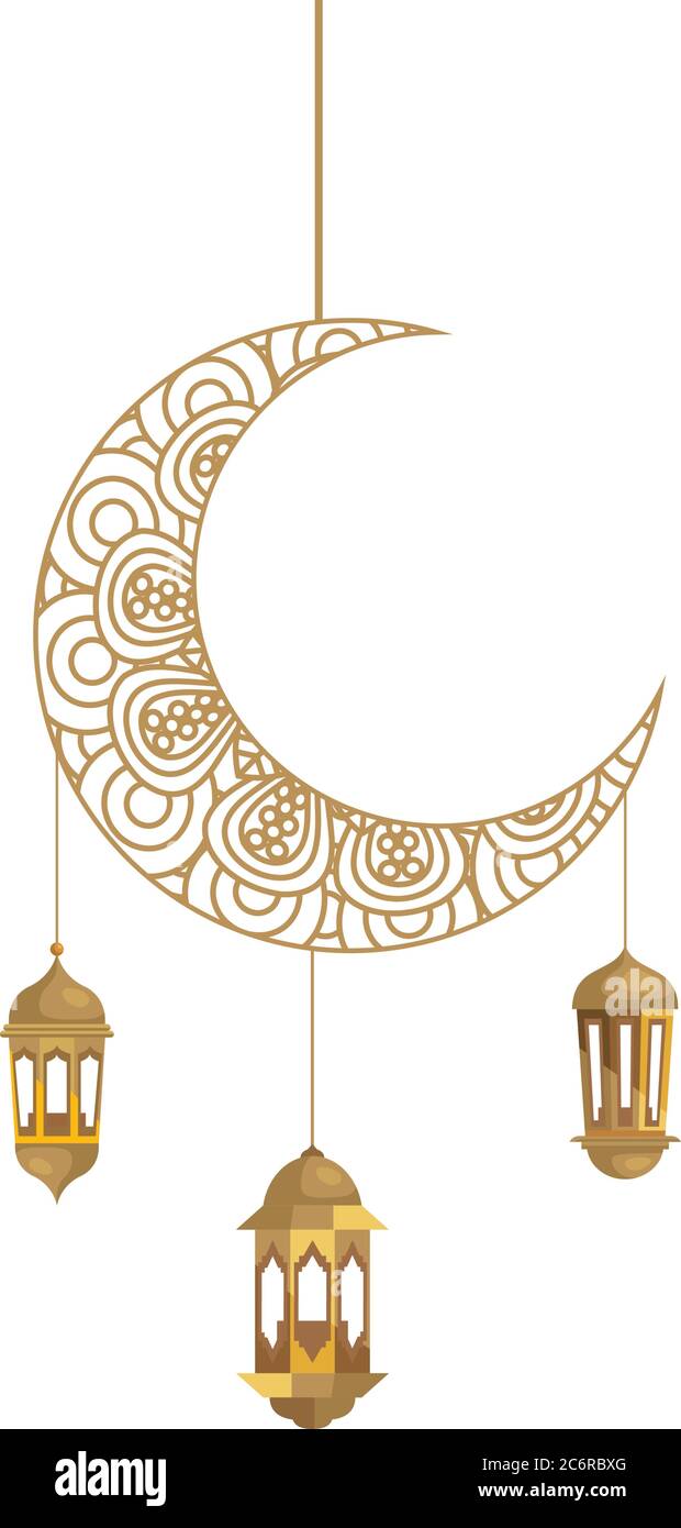 ramadan kareem lanterns hanging with crescent moon golden on white ...