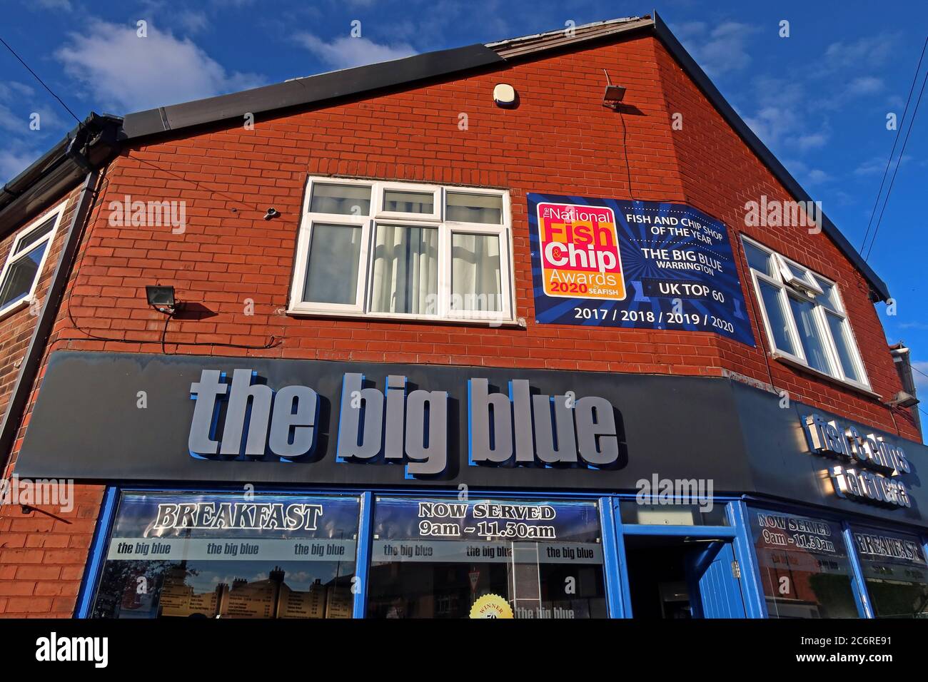 The Big Blue,Fish and Chip shop, 177 Knutsford Rd, Grappenhall, Warrington,Cheshire,England, UK, WA4 2QL Stock Photo