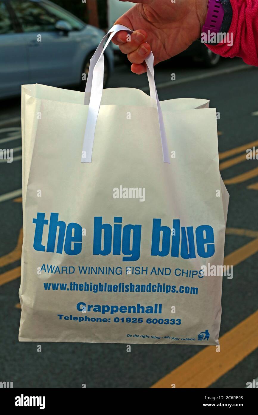 Big Blue,Fish and Chip shop bag, 177 Knutsford Rd, Grappenhall, Warrington,Cheshire,England, UK, WA4 2QL Stock Photo