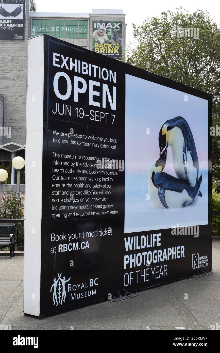 An outside sign promoting the Wildlife Photographer of the Year photo exhibition st the Royal, BC Museum in downtown Victoria, British Columbia, Canad Stock Photo