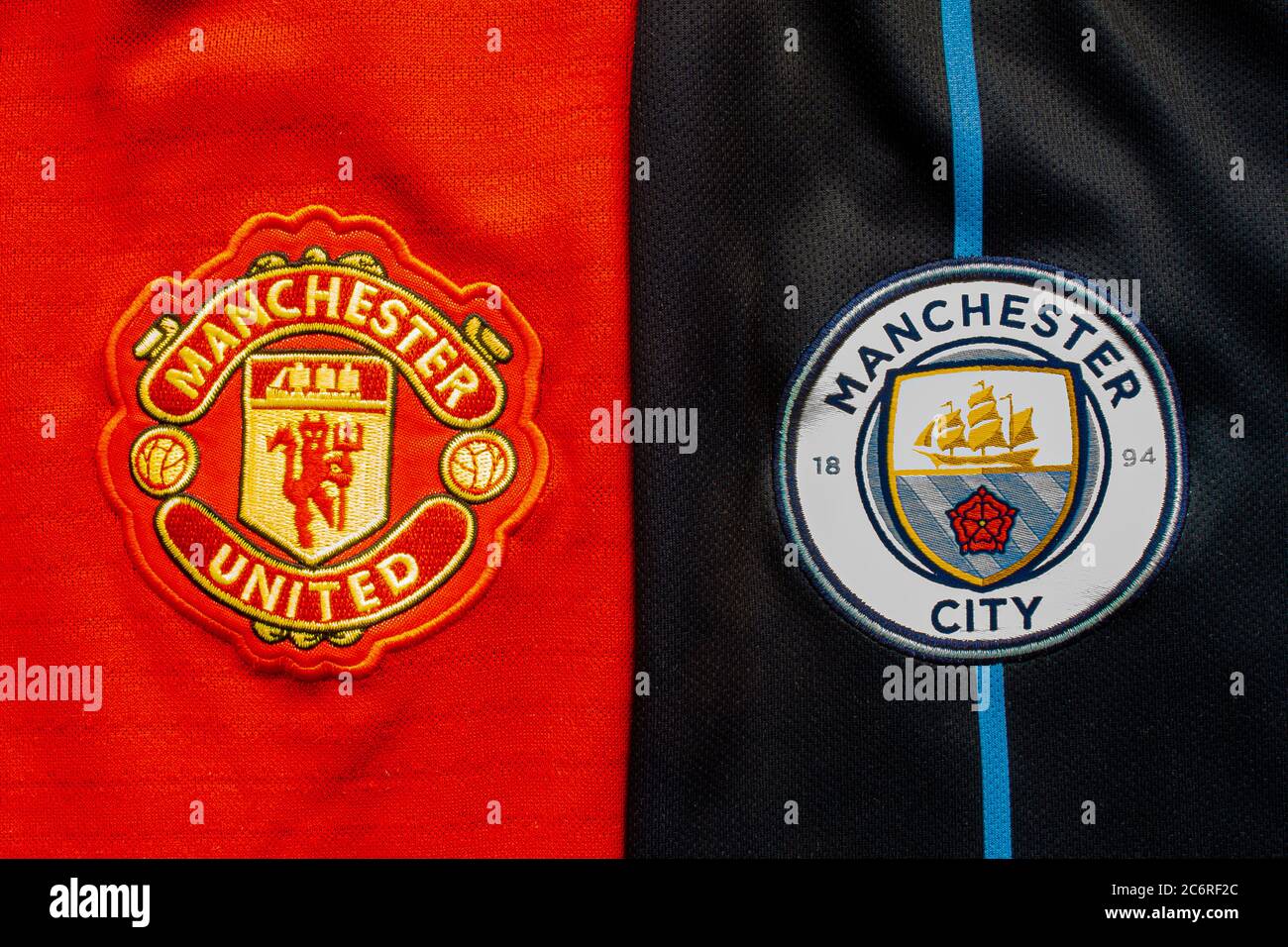 Calgary, Alberta, Canada. July 10, 2020. Manchester United vs Manchester  City football soccer close up to their jersey logos Stock Photo - Alamy