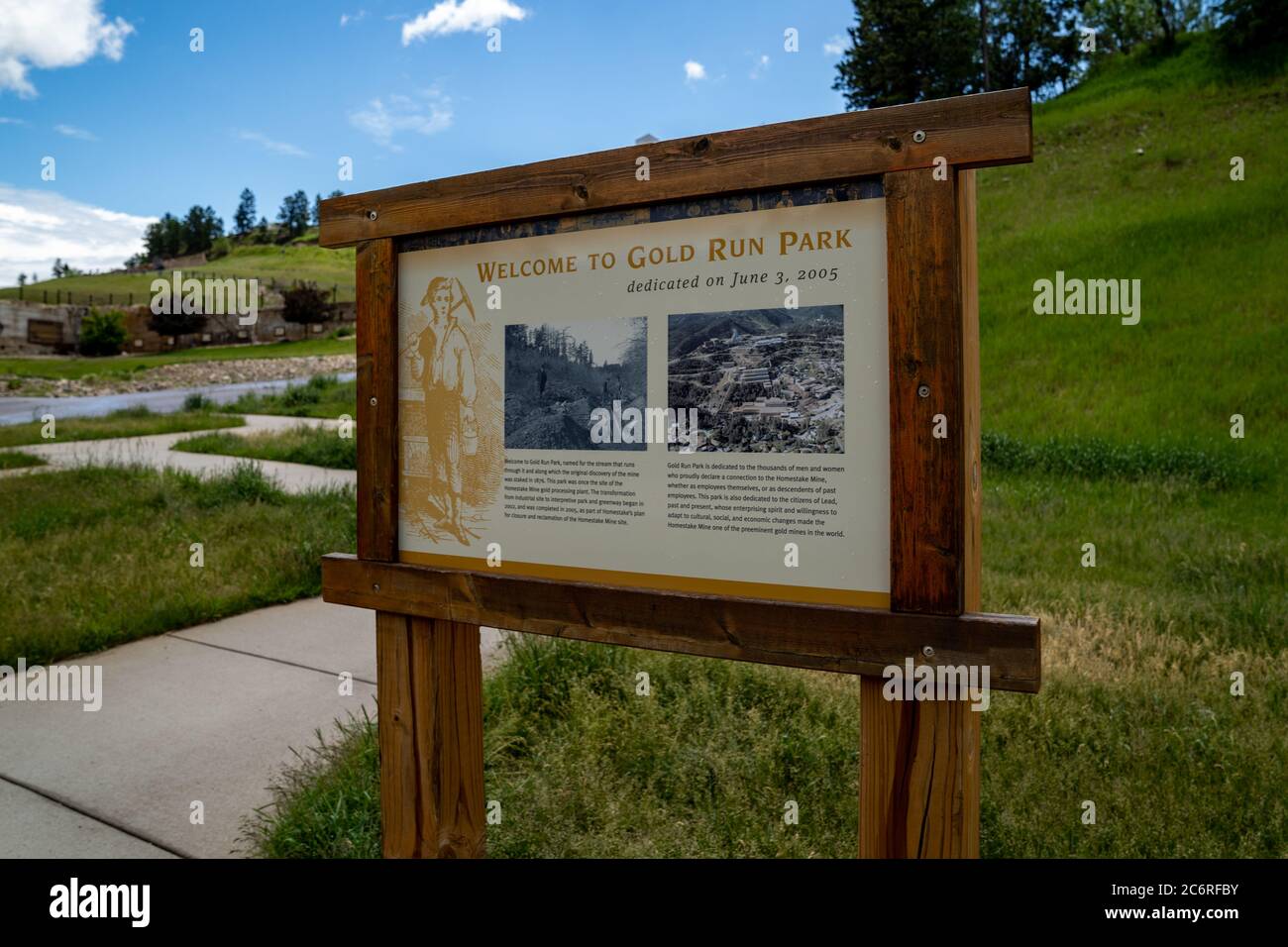 Lead, South Dakota - June 22, 2020: Sign for Gold Run Park, a mining area of the Homestake Mine in the Black Hills of SD Stock Photo