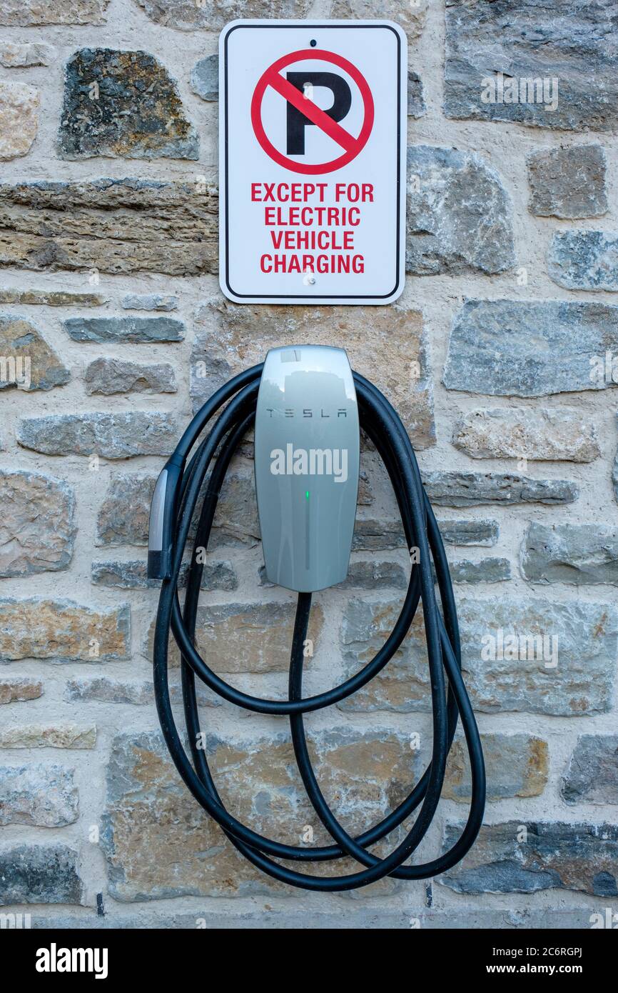 Tesla electric vehicle charging point, wall charger, Ontario, Canada Stock Photo