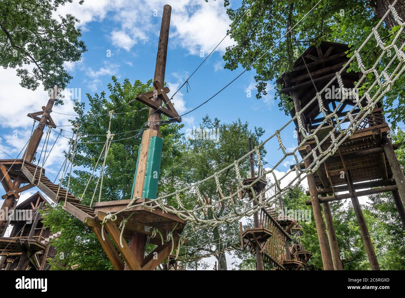 Cool River Adventures ropes course along the Chattahoochee River in Helen, Georgia. (USA) Stock Photo