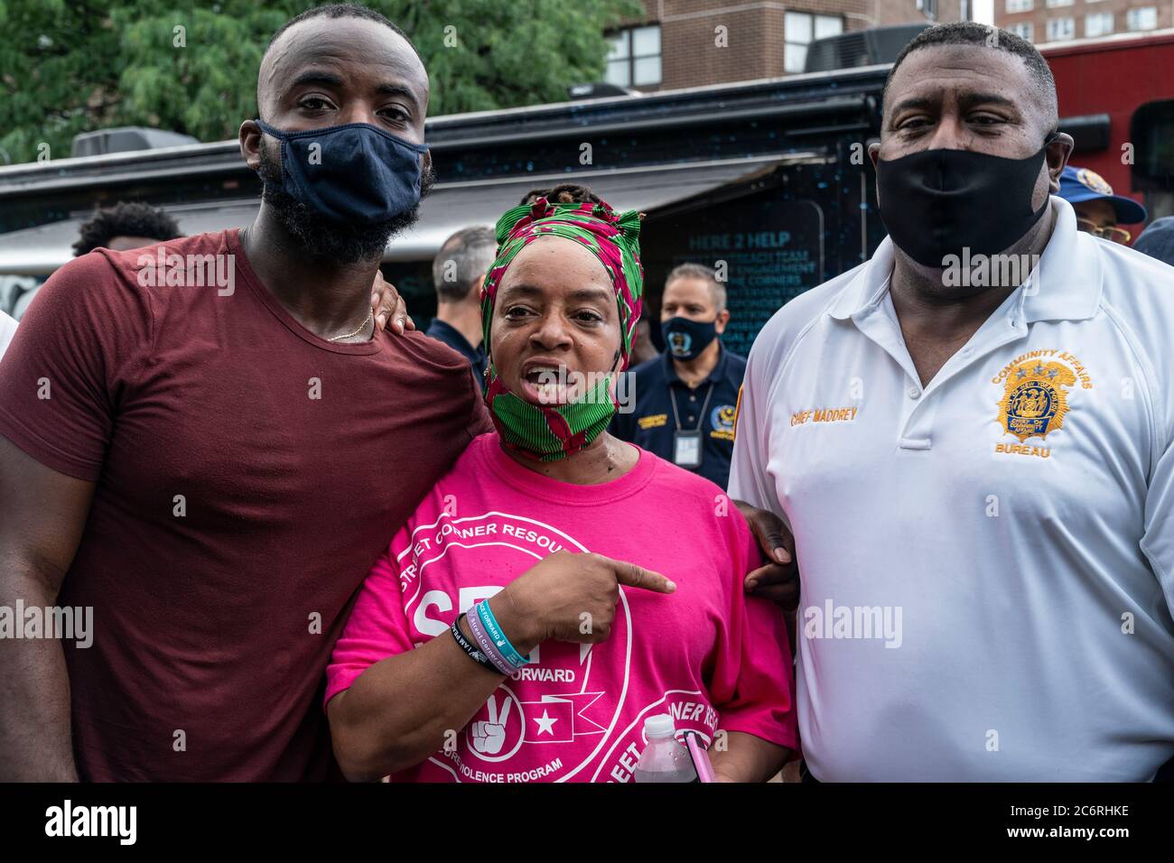 New York, NY - July 11, 2020: Author Antonio Hairston, activist Iesha Sekou, NYPD Chief Jeffrey Maddrey attend Occupy the Corner rally in East Harlem in response on gun violence Stock Photo