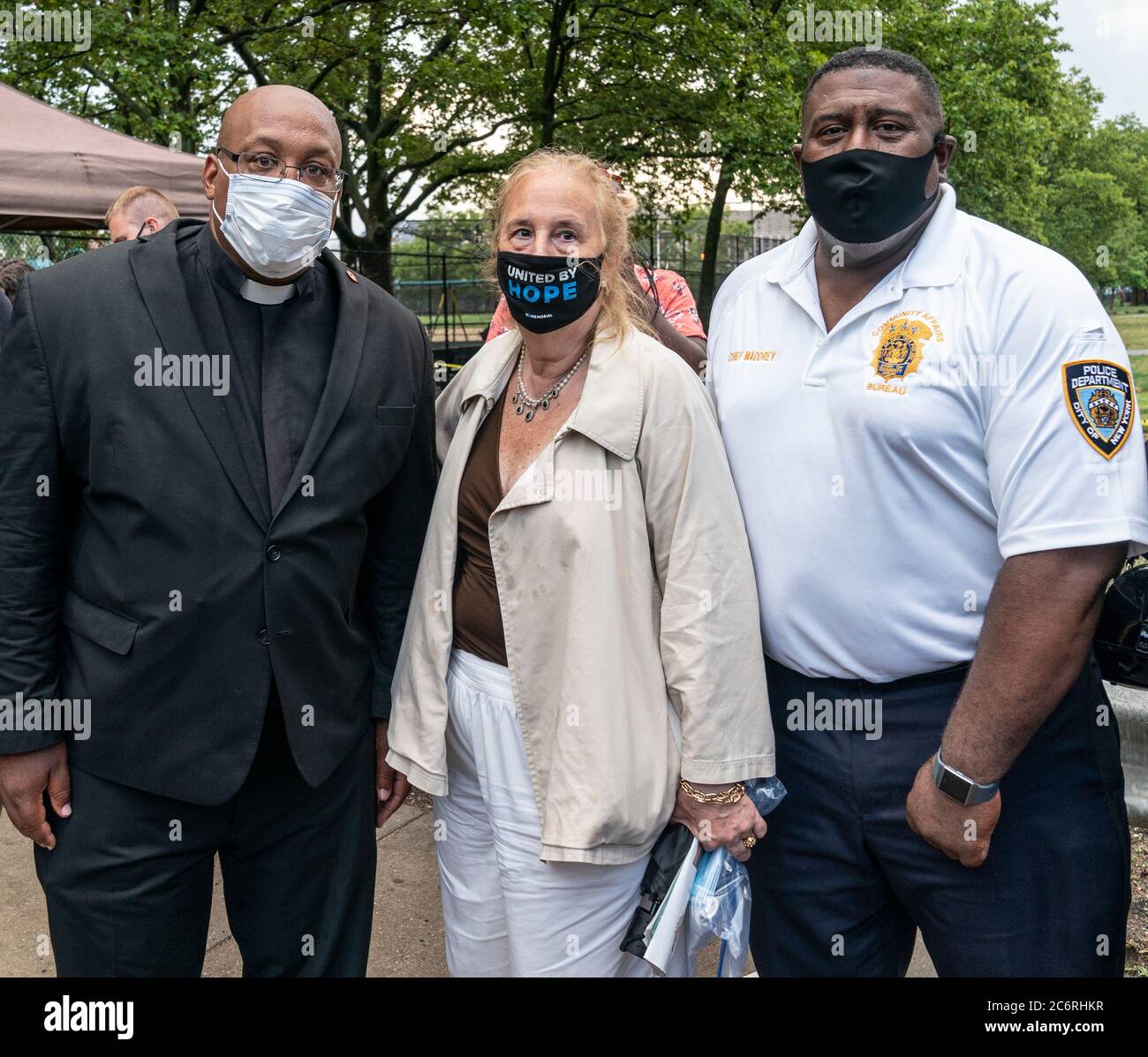 New York, NY - July 11, 2020: Chaplain Robert Rice, Gale Brewer, NYPD Chief Jeffrey Maddrey attend Occupy the Corner rally in East Harlem in response on gun violence Stock Photo
