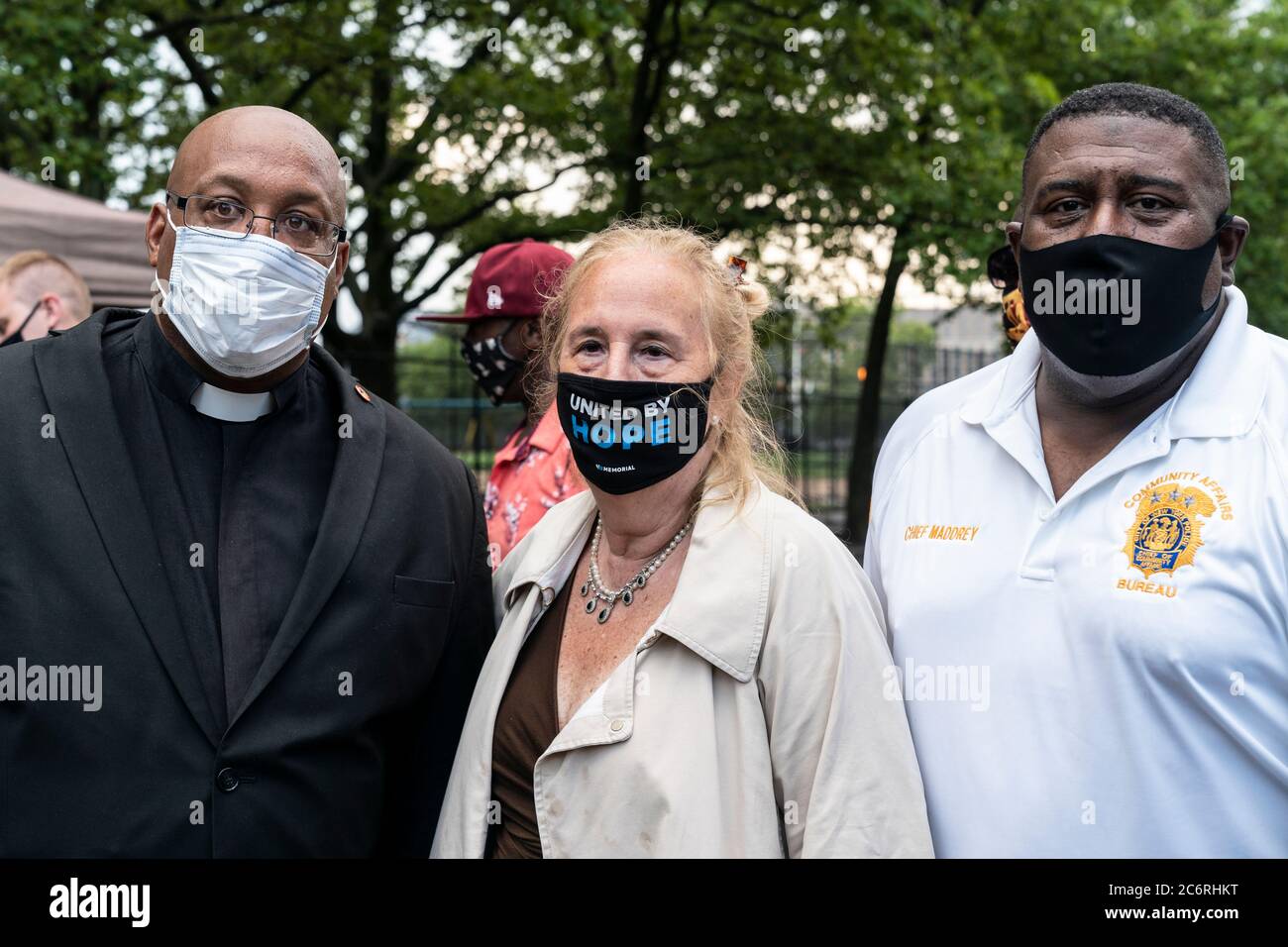 New York, NY - July 11, 2020: Chaplain Robert Rice, Gale Brewer, NYPD Chief Jeffrey Maddrey attend Occupy the Corner rally in East Harlem in response on gun violence Stock Photo