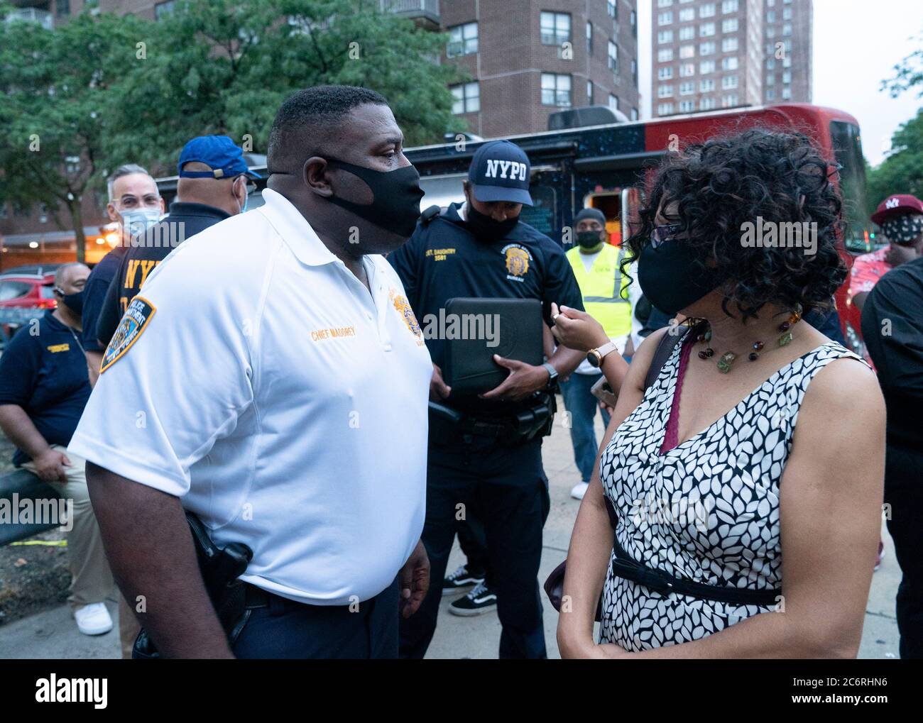 New York, United States. 11th July, 2020. NYPD Chief Jeffrey Maddrey speaks to local resident at Occupy the Corner rally in East Harlem in response on gun violence in New York on July 11, 2020. Gun violence in 2020 surged by more than 100% in New York City mostly in neighborhoods with high rate of poverty and high level of COVID-19 cases. Community activists and police department encreased presence in those areas in order to stop gun violence. (Photo by Lev Radin/Sipa USA) Credit: Sipa USA/Alamy Live News Stock Photo