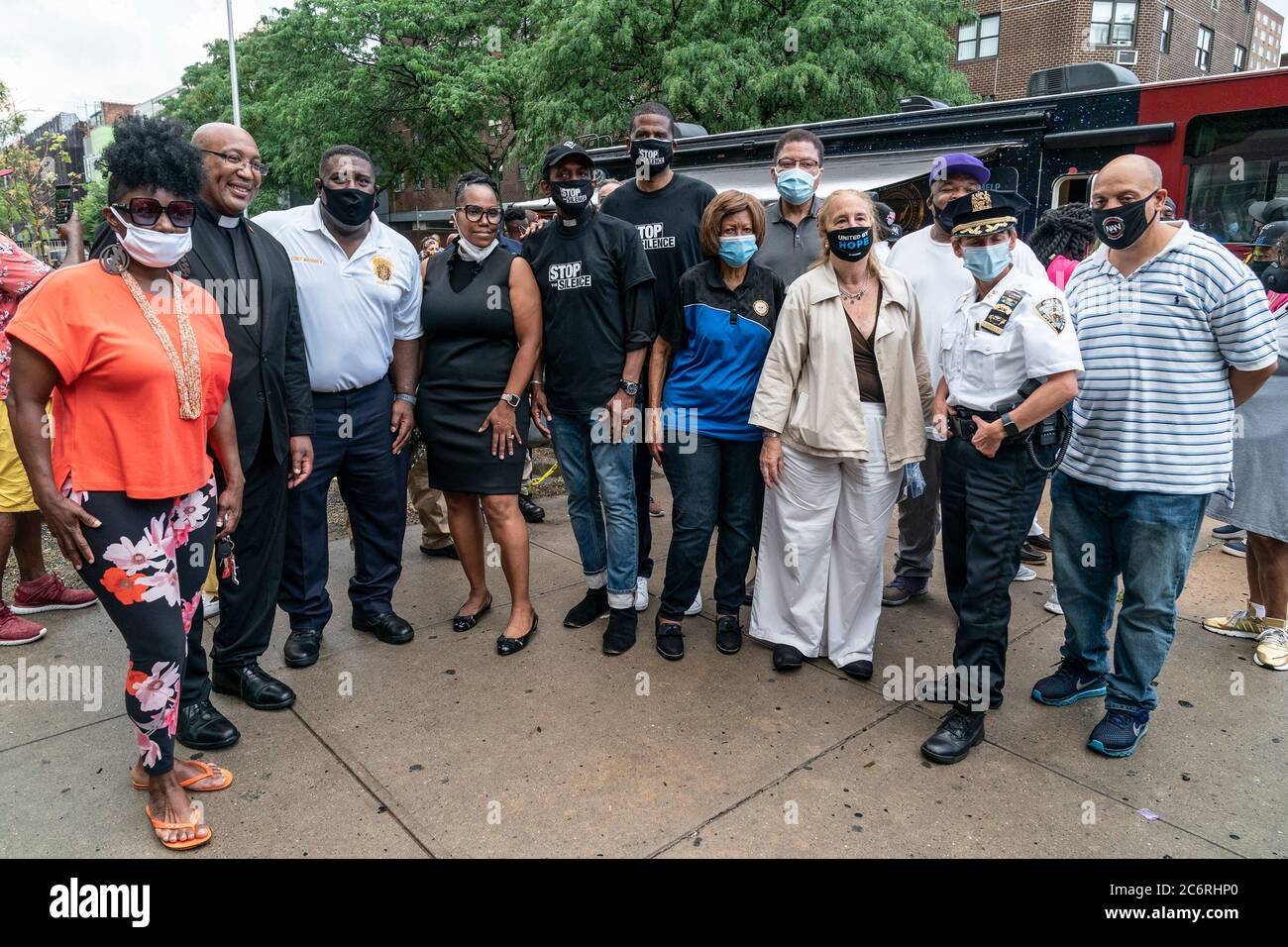 New York, United States. 11th July, 2020. Chaplain Robert Rice, NYPD Chief Jeffrey Maddrey, Hazel Dukes, Gale Brewer, Chief Kathleen O'Reilly and activists attend Occupy the Corner rally in East Harlem in response on gun violence in New York on July 11, 2020. Gun violence in 2020 surged by more than 100% in New York City mostly in neighborhoods with high rate of poverty and high level of COVID-19 cases. Community activists and police department encreased presence in those areas in order to stop gun violence. (Photo by Lev Radin/Sipa USA) Credit: Sipa USA/Alamy Live News Stock Photo