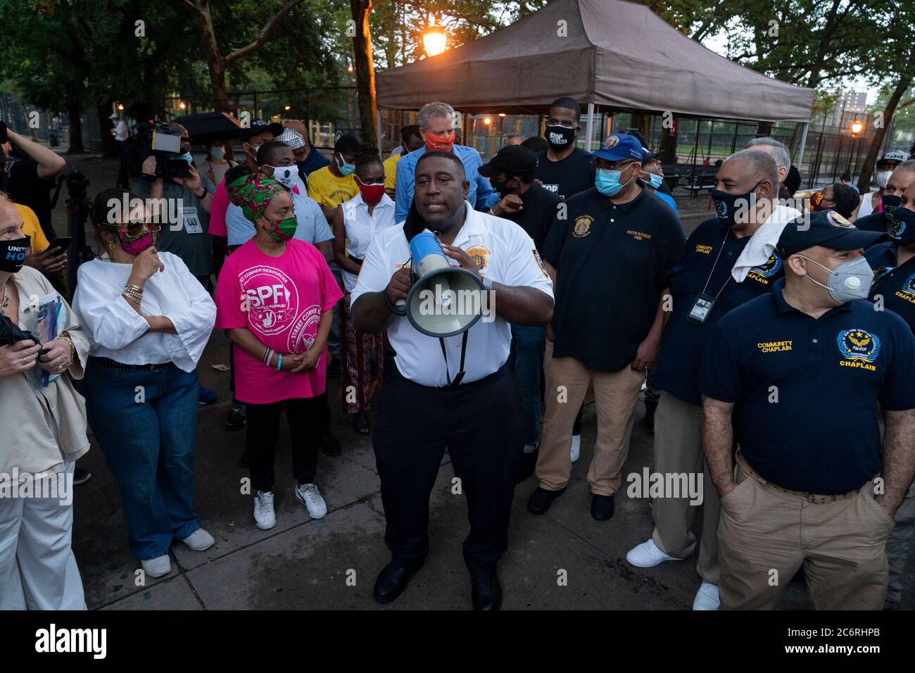 New York, NY - July 11, 2020: NYPD Chief Jeffrey Maddrey speaks at Occupy the Corner rally in East Harlem in response on gun violence Stock Photo