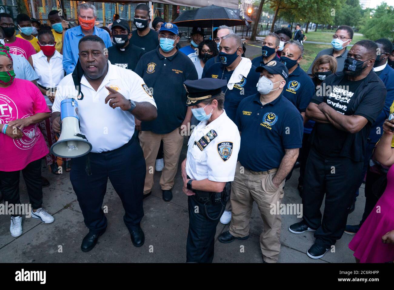 New York, NY - July 11, 2020: NYPD Chief Jeffrey Maddrey speaks at Occupy the Corner rally in East Harlem in response on gun violence Stock Photo