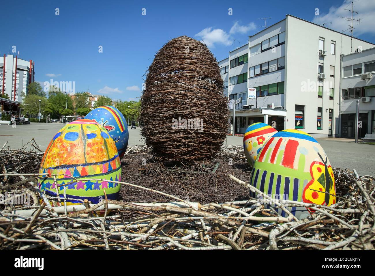Velika Gorica, Croatia - 21 April, 2017 : A sculpture of an Easter eggs in the nest on the streets of Velika Gorica during Easter time. Stock Photo