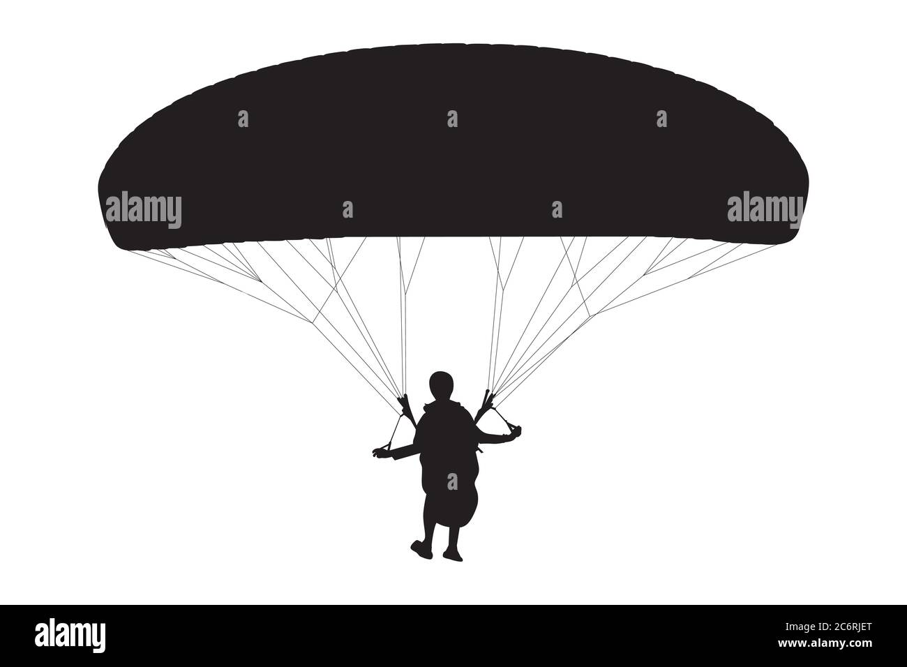 Silhouette of parachutist on parachute high in the sky for skydiving and paragliding extreme sports adventure, a paraglider with parachute as wings on Stock Vector