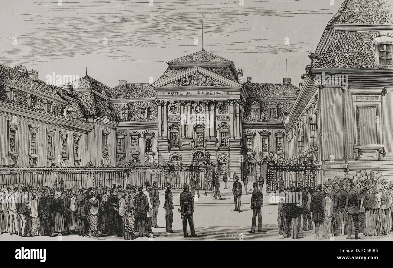 Historia de Alemania. Siglo XIX. Congreso Diplomático de Berlín. Celebrado el 13 de junio de 1878, en el Palacio Radziwill, nueva residencia oficial del Príncipe de Bismarck (Palacio de la Cancillería del Imperio de Alemania). Se abordó la solución de las múltiples cuestiones de Oriente. Participaron siete potencias europeas: Alemania, Austria-Hungría, Francia, Gran Bretaña, Italia, Rusia y Turquía. Grabado por Capuz. La Ilustración Española y Americana,1878. Stock Photo