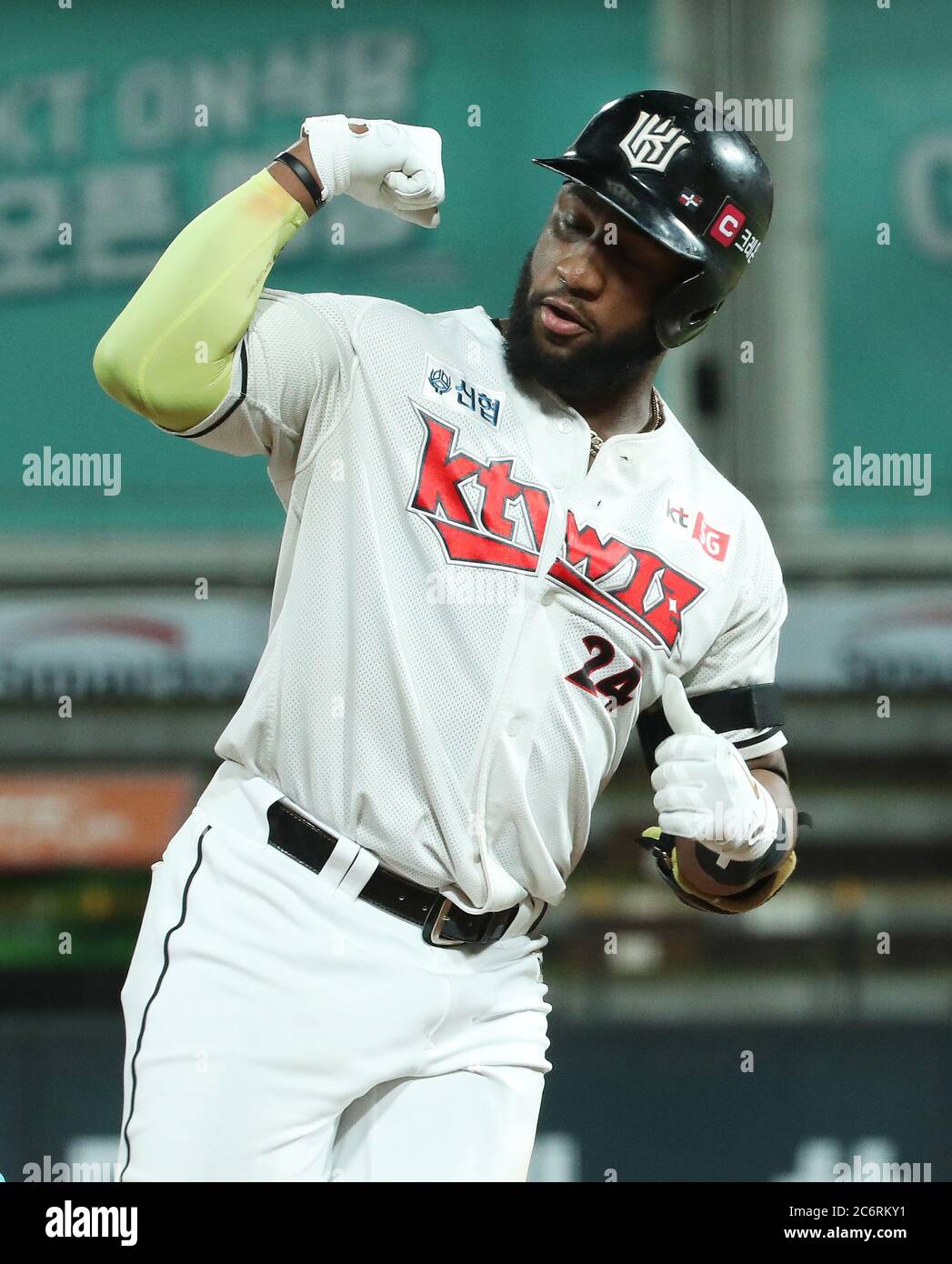 12th July, 2020. KT Wiz player celebrates home run KT Wiz outfielder