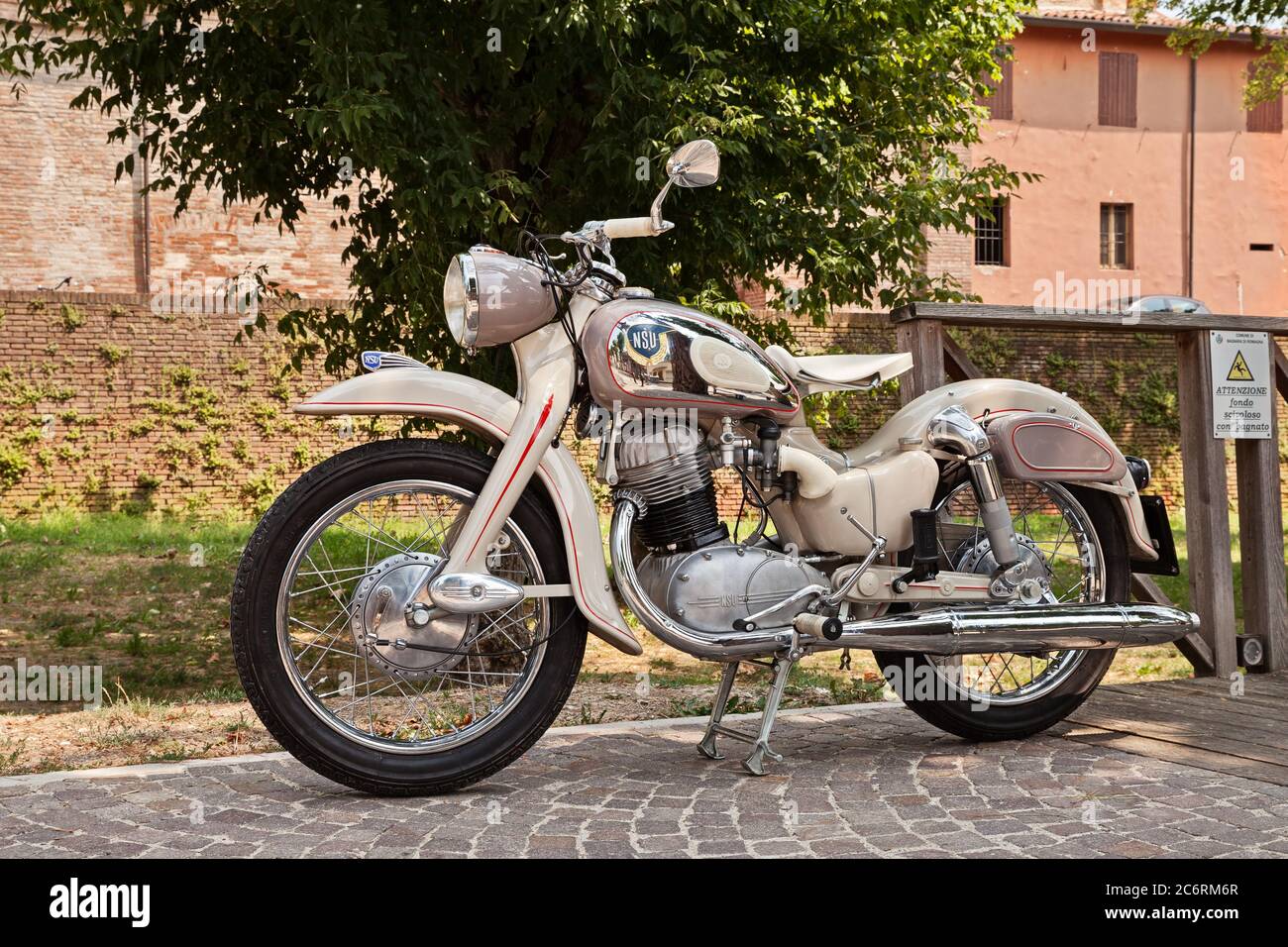 vintage German motorcycle NSU Max 300 of the fifties in classic car and motorcycle rally 33st Raduno moto e auto d'epoca in Bagnara di Romagna, RA, It Stock Photo