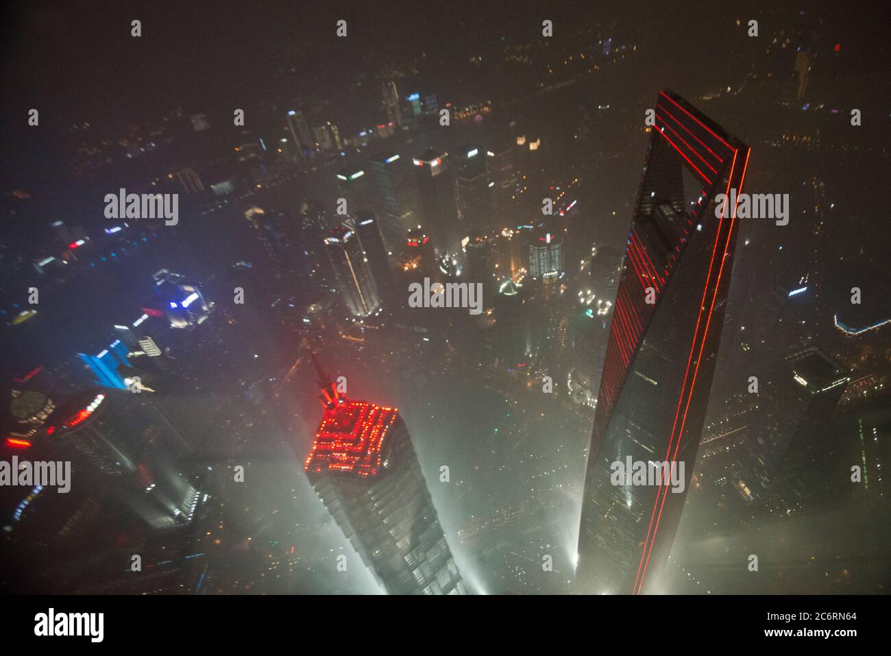 Shanghai: panoramic view at night from the top of Shanghai Tower, with the Shanghai World Financial Center and JinMao Tower, Pudong district . China. Stock Photo