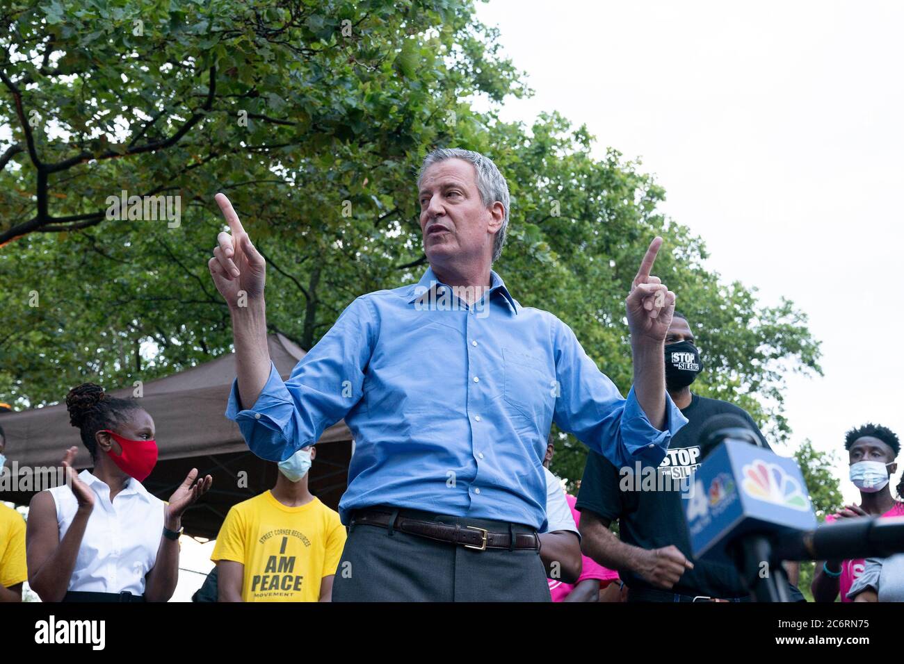 Mayor Bill de Blasio speaks at Occupy the Corner rally in East Harlem in response on gun violence. Gun violence in 2020 surged by more than 100% in New York City mostly in neighborhoods with high rate of poverty and high level of COVID-19 cases. Community activists and police department encreased presence in those areas in order to stop gun violence. Organizers of Occupy the Corner rally invited mayor de Blasio, police chief Jeffrey Maddrey, NYS Senator Brian Benjamin and activists to participate. (Photo by Lev Radin/Pacific Press) Stock Photo