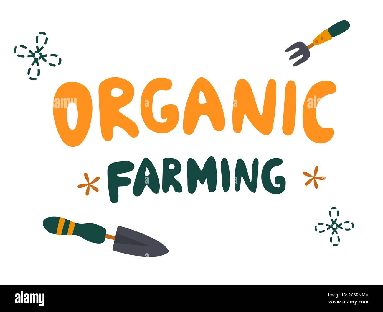Organic farming. Gardening letterings. Local organic production cartoon vector illustration. Eat Local - vector print and lettering. Stock Vector