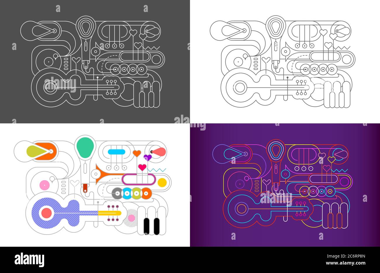 4 options of  Music Instrument Line Art Silhouettes vector illustration. Outline images of guitar, saxophone, piano keyboard, trumpet, trombone, micro Stock Vector