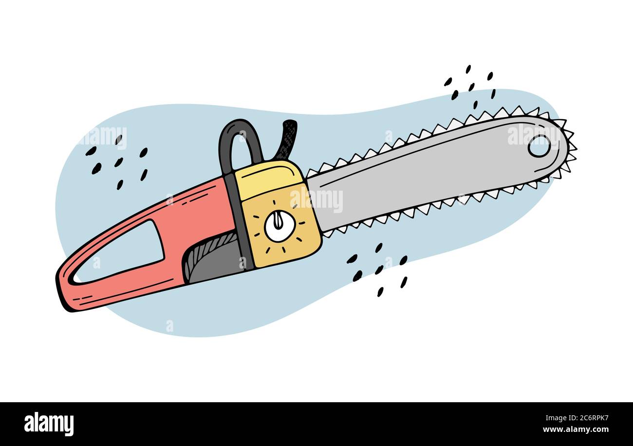 Doodle illustration of a chainsaw. Gardening power tools. The cutting of trees. Building tool. Stock Vector