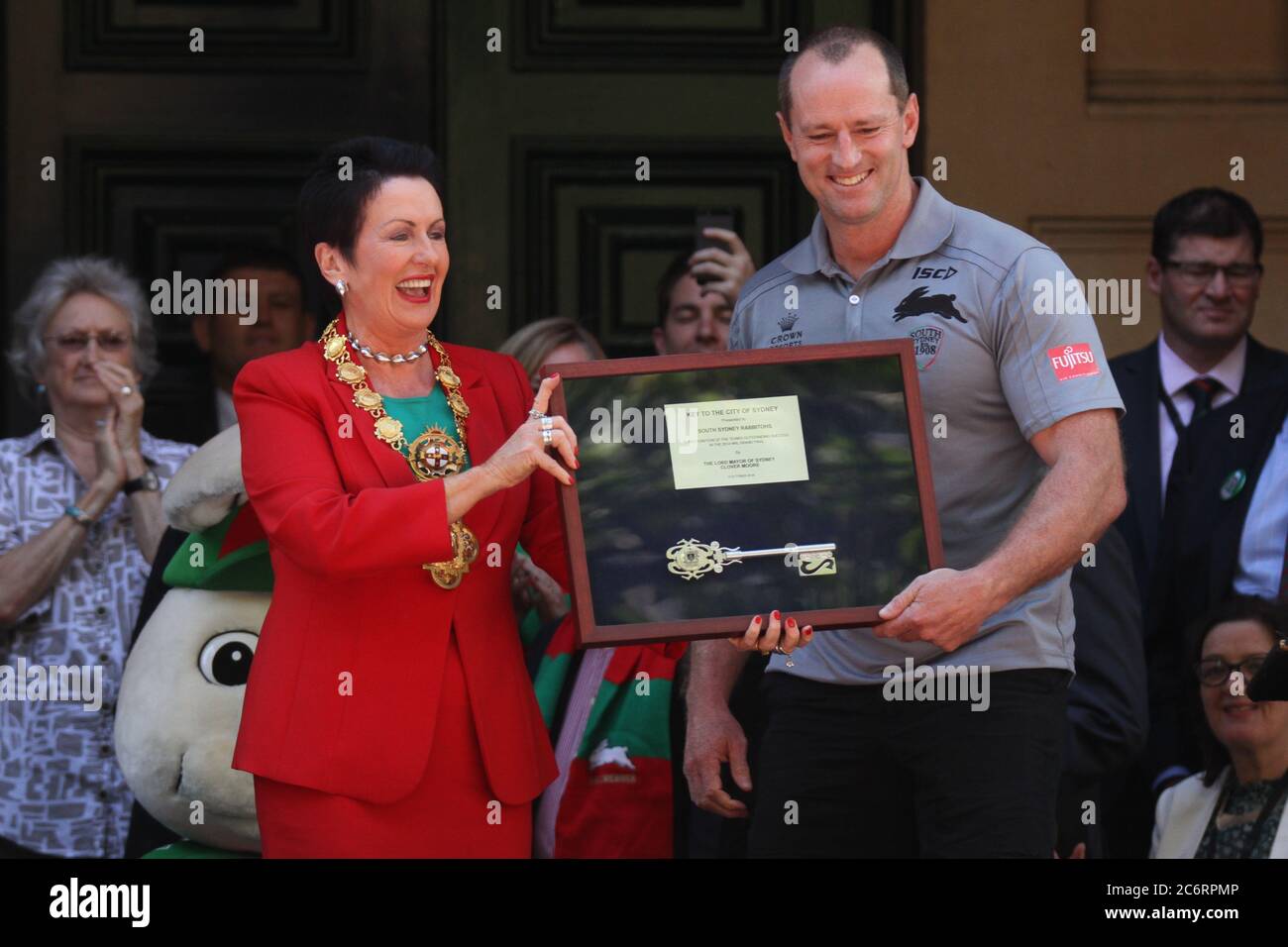 Lord Mayor Clover Moore presents South Sydney Rabbitohs Coach Michael Maguire with the keys to the City of Sydney, after the team won the NRL Grand Fi Stock Photo