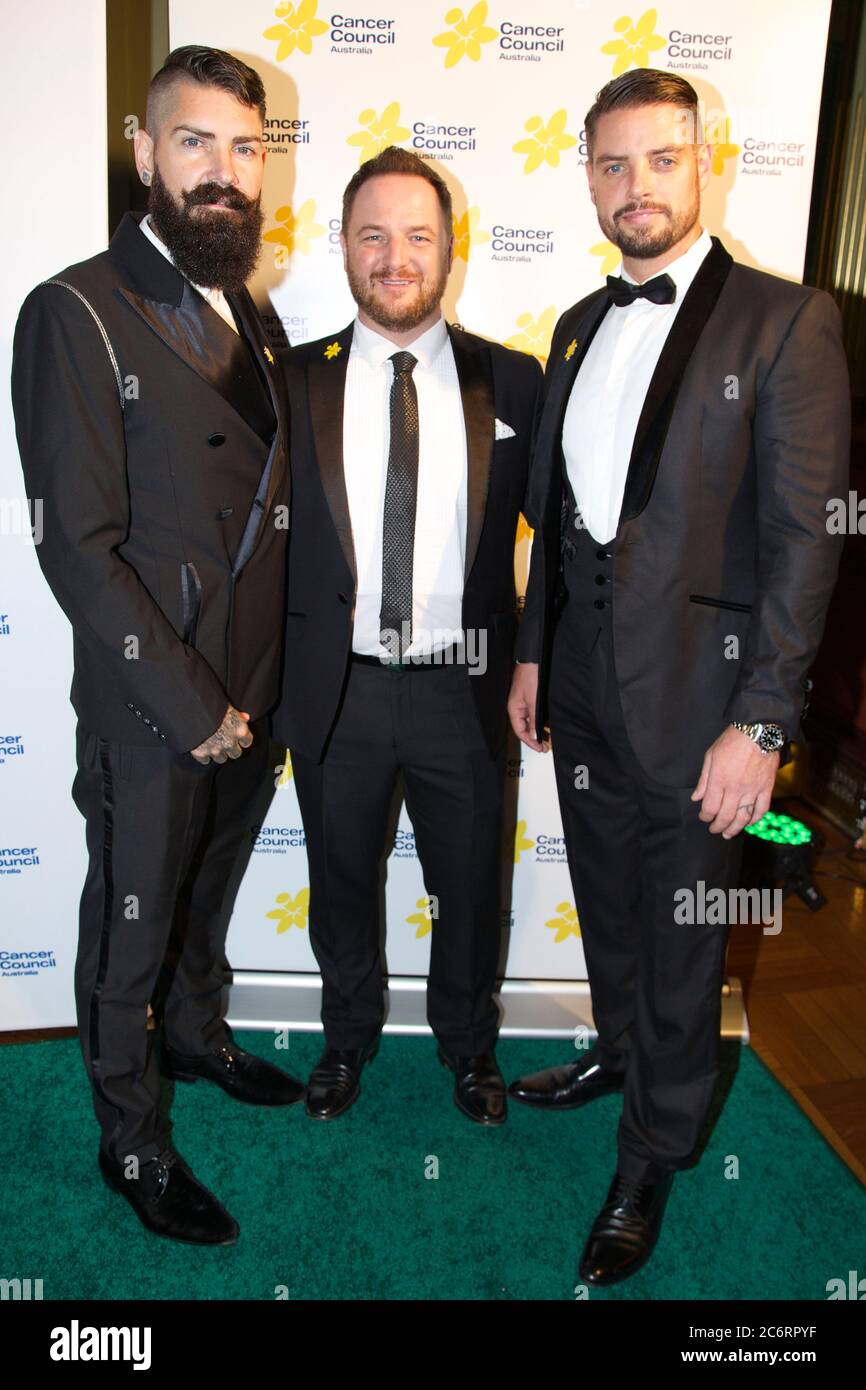 Boyzone, L-R: Shane Lynch, Mikey Graham and Keith Duffy arrive on the green carpet (red carpet) for the Emeralds & Ivy Ball 2014 to raise money for Ca Stock Photo