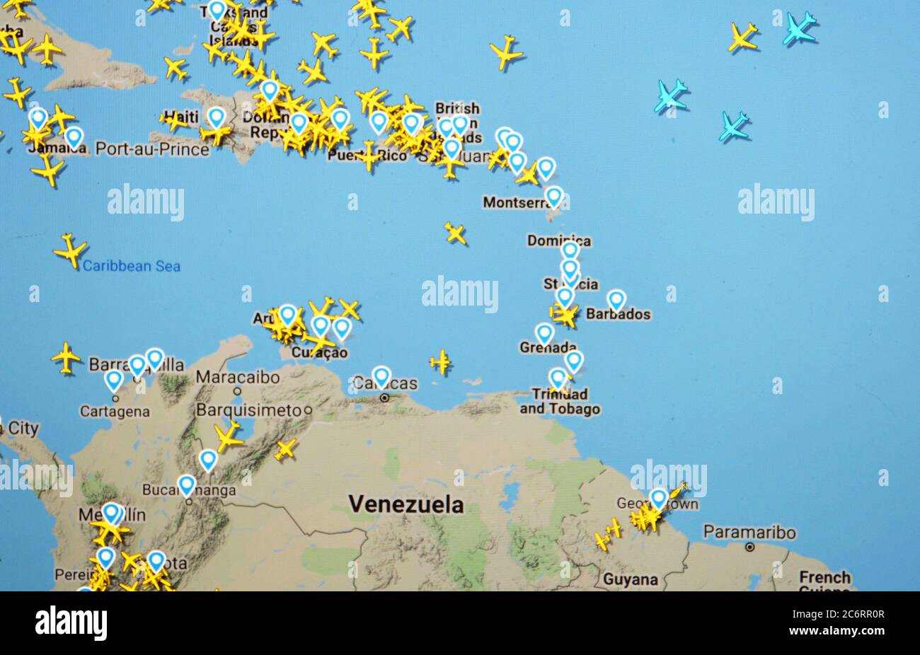 aerial traffic over Carabbinean and Venezuela (11 july 2020, UTC 18.22) on Internet with Flightradar 24 site by Svenska Resenätverket AB Stock Photo
