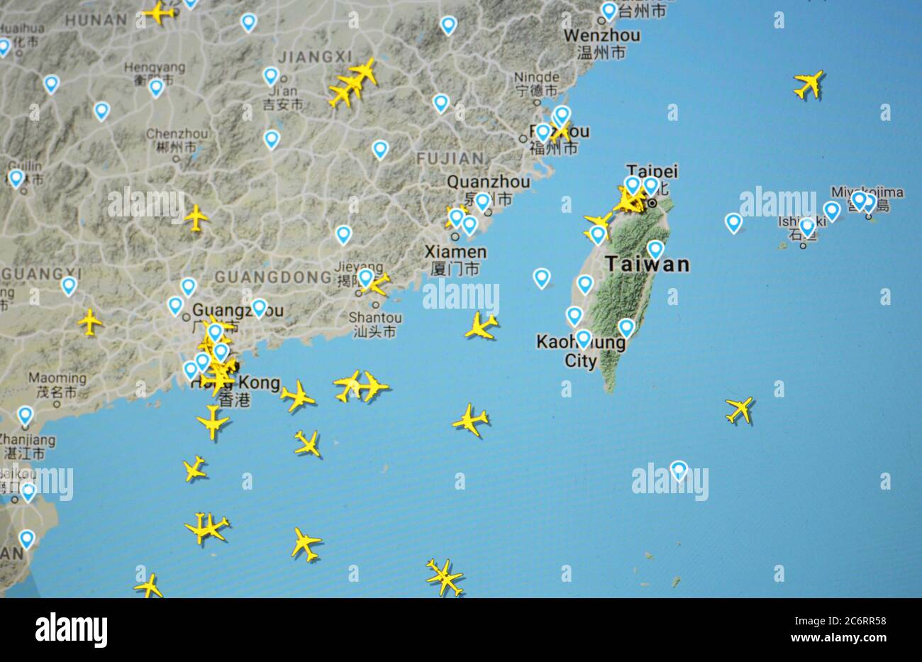 air traffic over Taipei and Hong Kong region (12 july 2020, UTC 22.13) on Internet with Flightradar 24 site,  during the Coronavirus Pandemic period Stock Photo