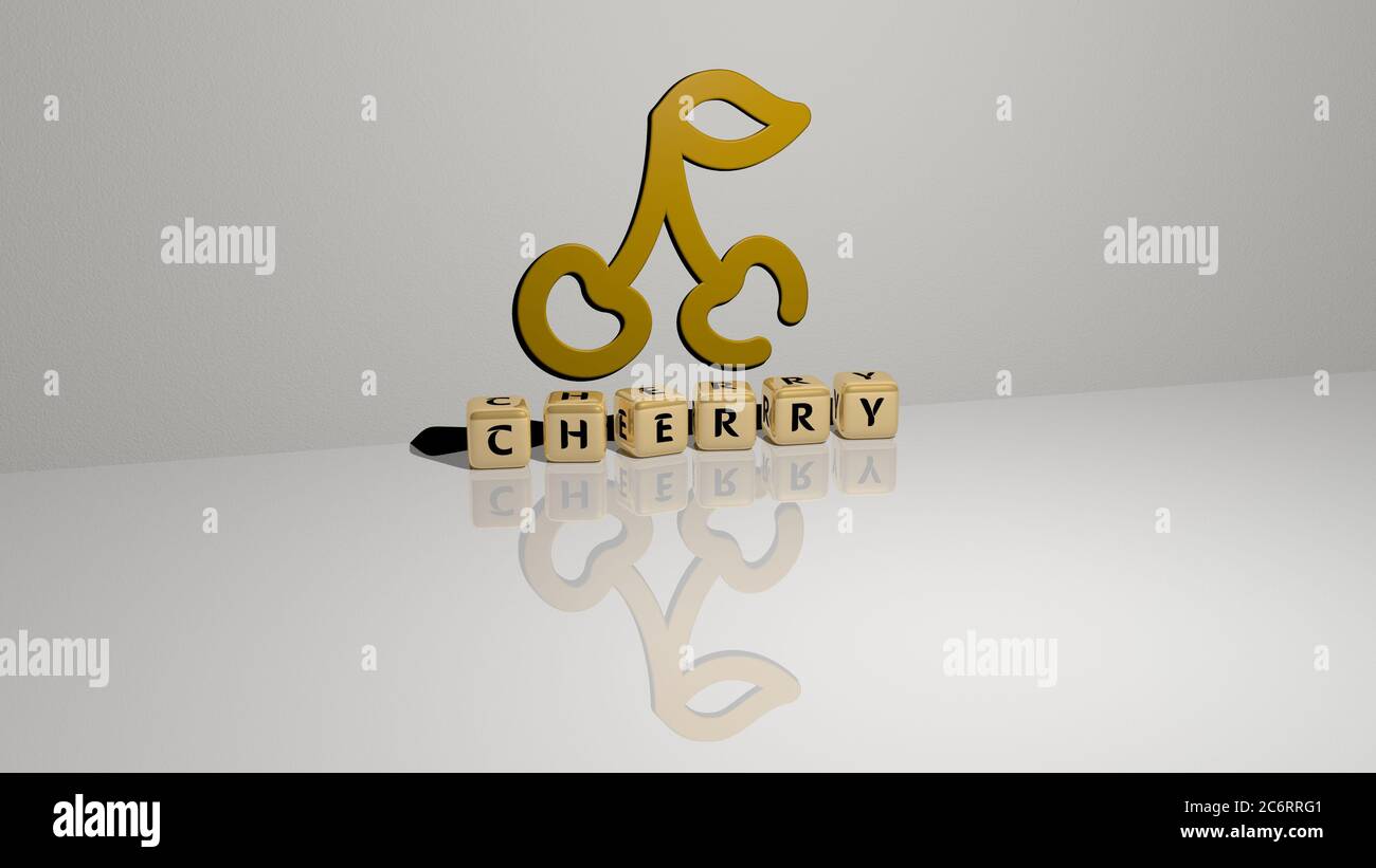 3D illustration of cherry graphics and text made by metallic dice letters for the related meanings of the concept and presentations. background and blossom Stock Photo