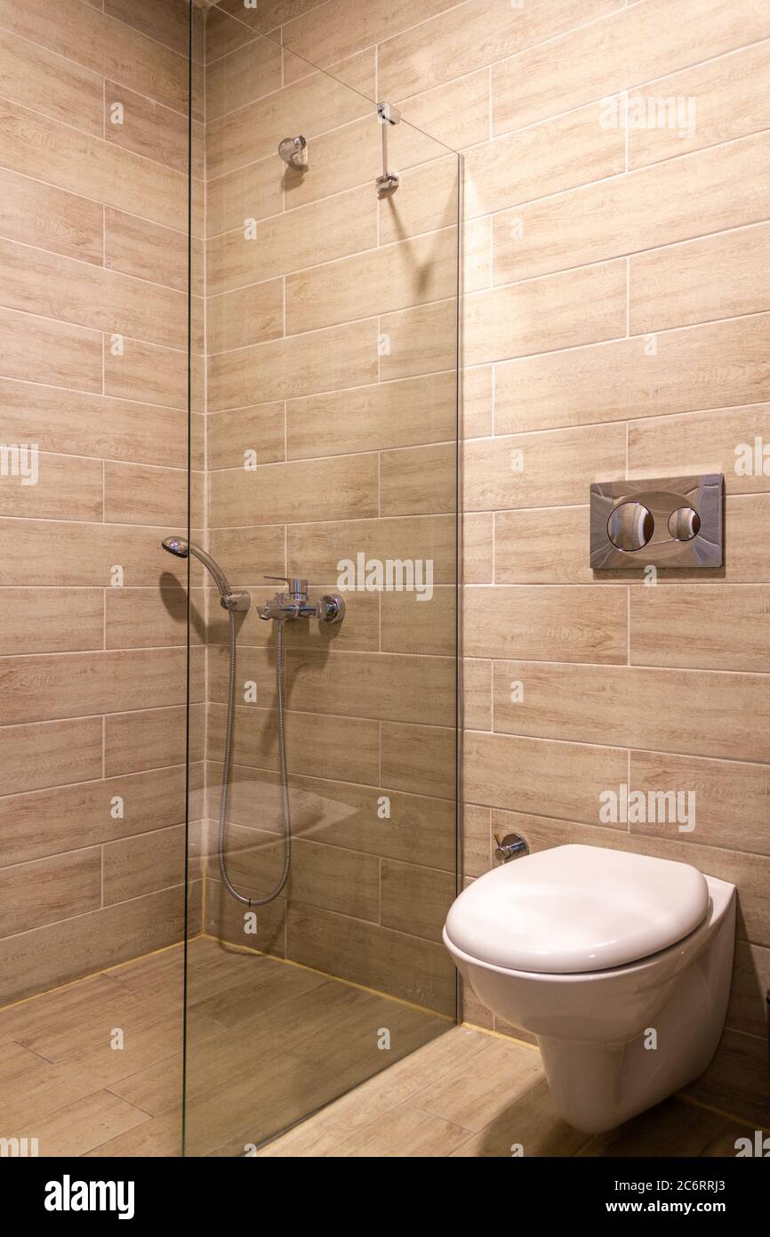 Modern hotel or house toilet bowl and shower interior view Stock Photo