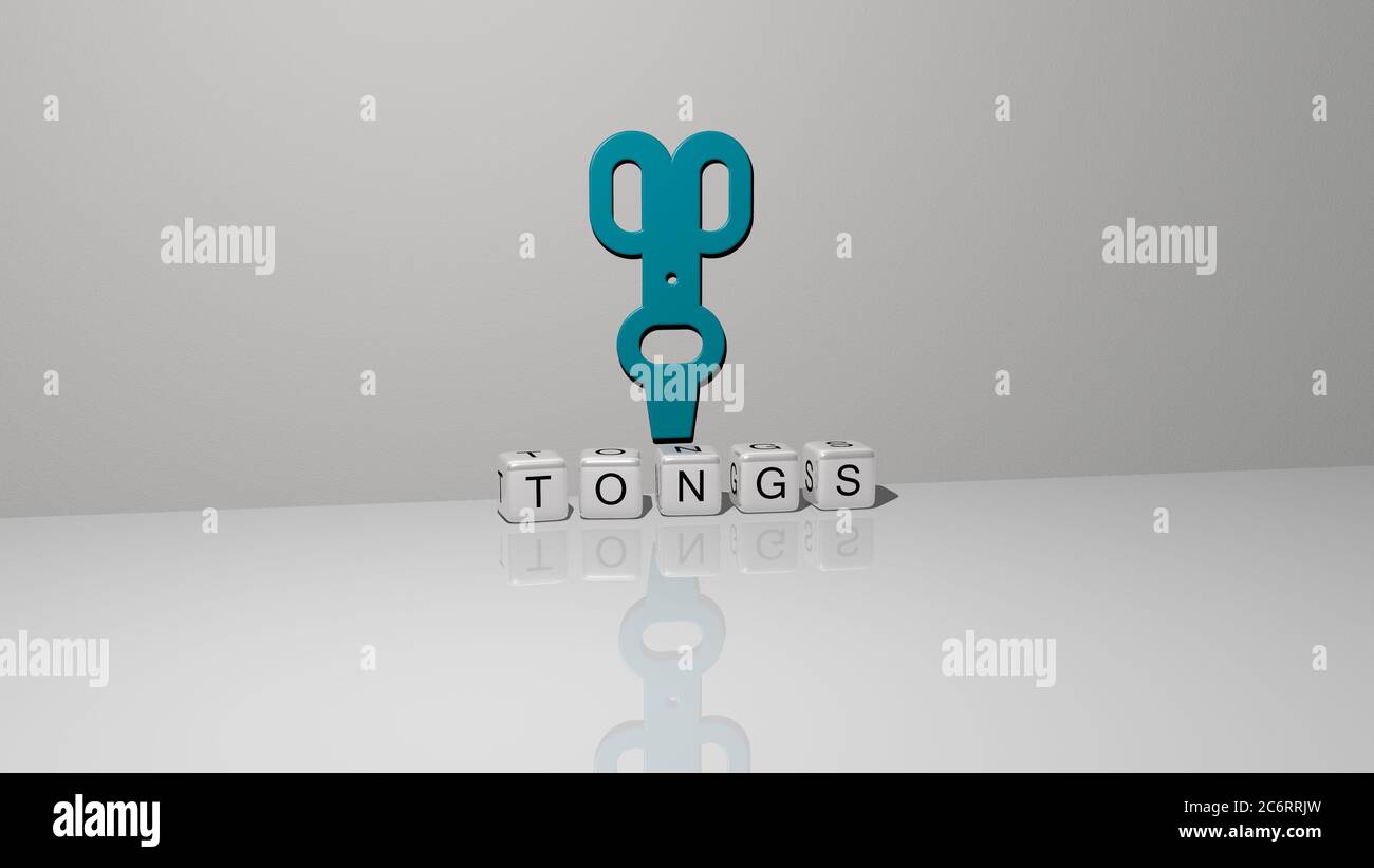 3D illustration of tongs graphics and text made by metallic dice