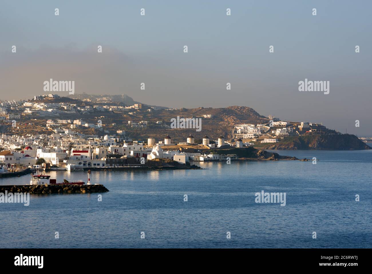 Mykonos island, Greece. Harbor and windmills Stock Photo