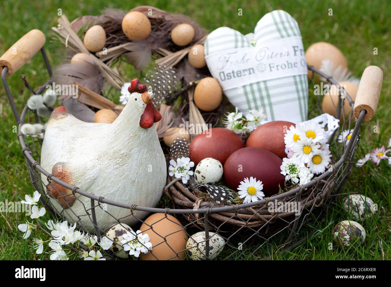 easter decoration with easter nest, eggs and easter chicken Stock Photo