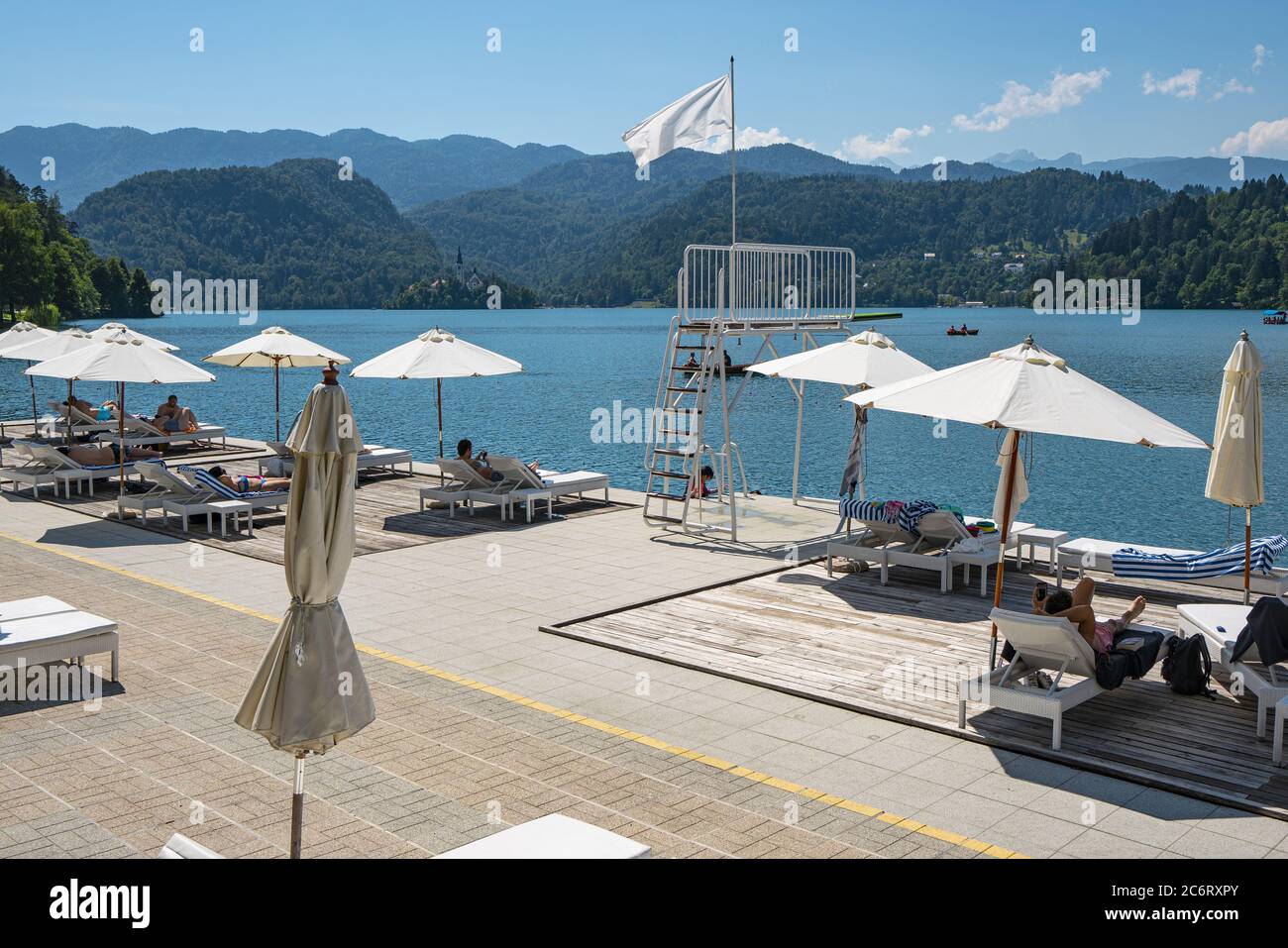 a bathhouse on the shore of Lake Bled, Slovenia Stock Photo