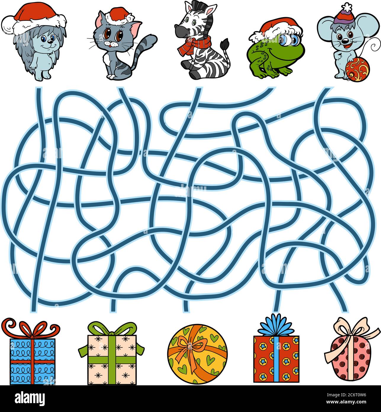 Maze education game for children, little animals and Christmas gifts Stock Vector