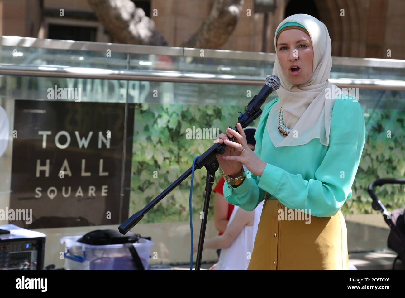Muslim convert Rebecca Kay speaks at the rally against ‘Islamophobia’ outside Sydney Town Hall. She voiced concern about some attacks and incidents in Stock Photo
