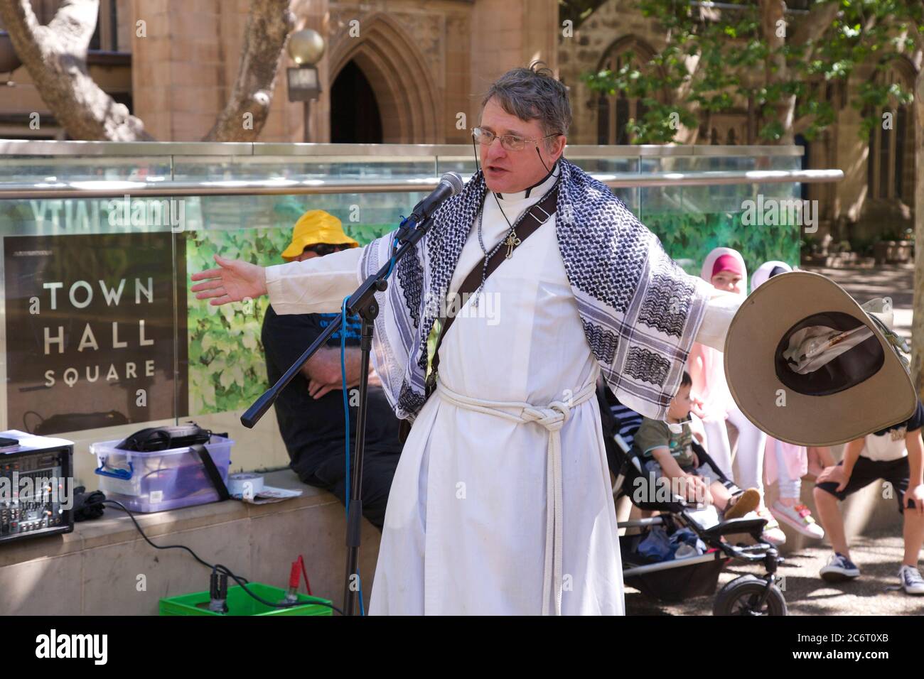Father Dave Smith from the Holy Trinity Church in Dulwich Hill speaks at the Sydney rally against ‘Islamophobia’. Stock Photo