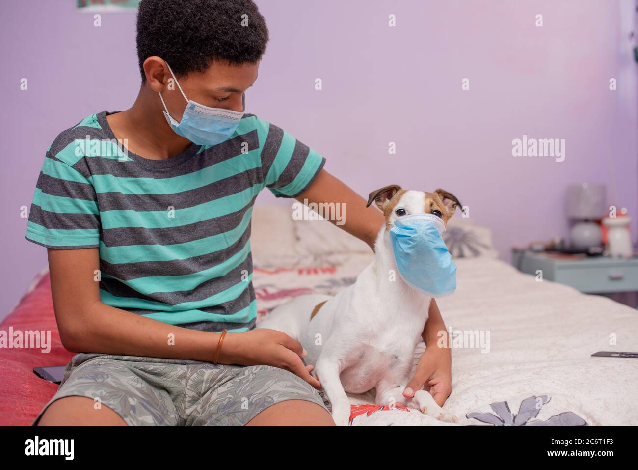 Young boy and his pet sitting on bed Stock Photo