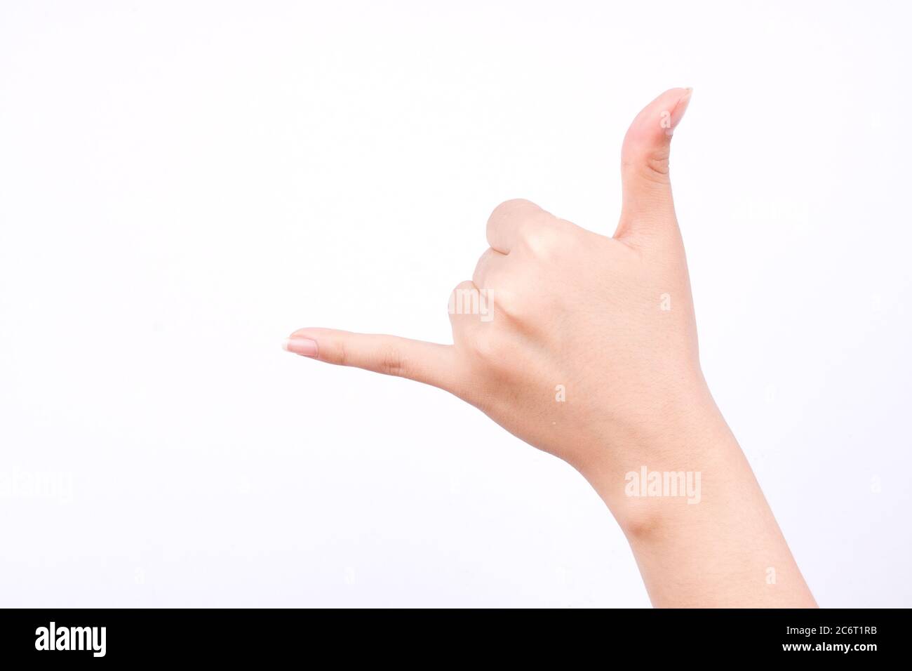finger hand symbols isolated concept hand making a call phone me gesture sign on white background Stock Photo