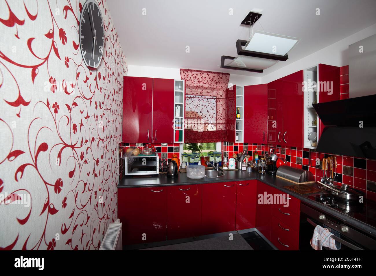 Home kitchen modern interior, fully equipped, contemporary design with floral pattern on wall and cherry red as dominant color. Stock Photo