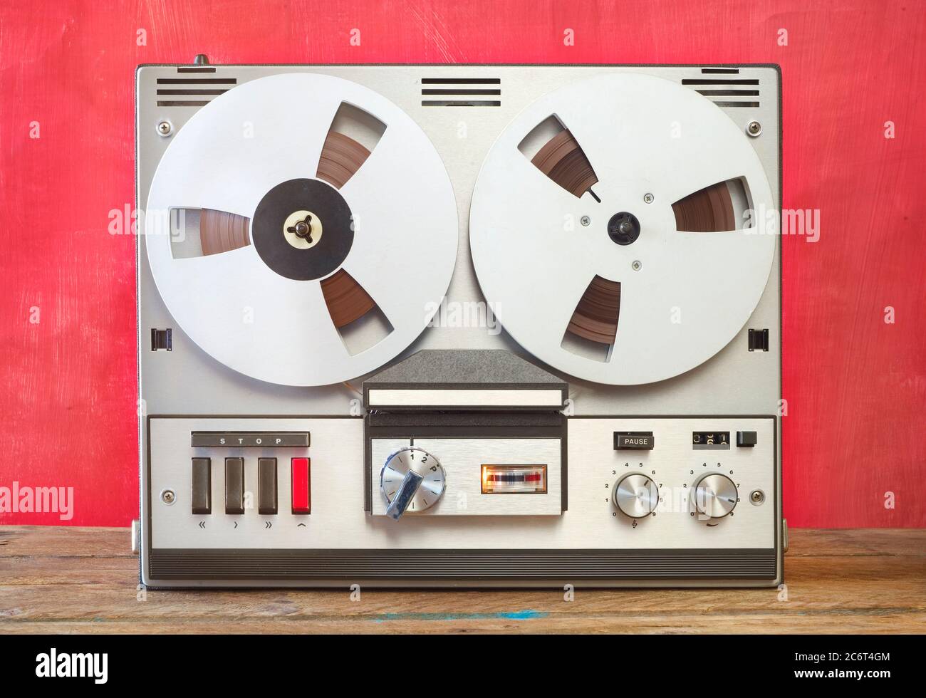 Vintage analog open reel to reel tape recorder dated from the