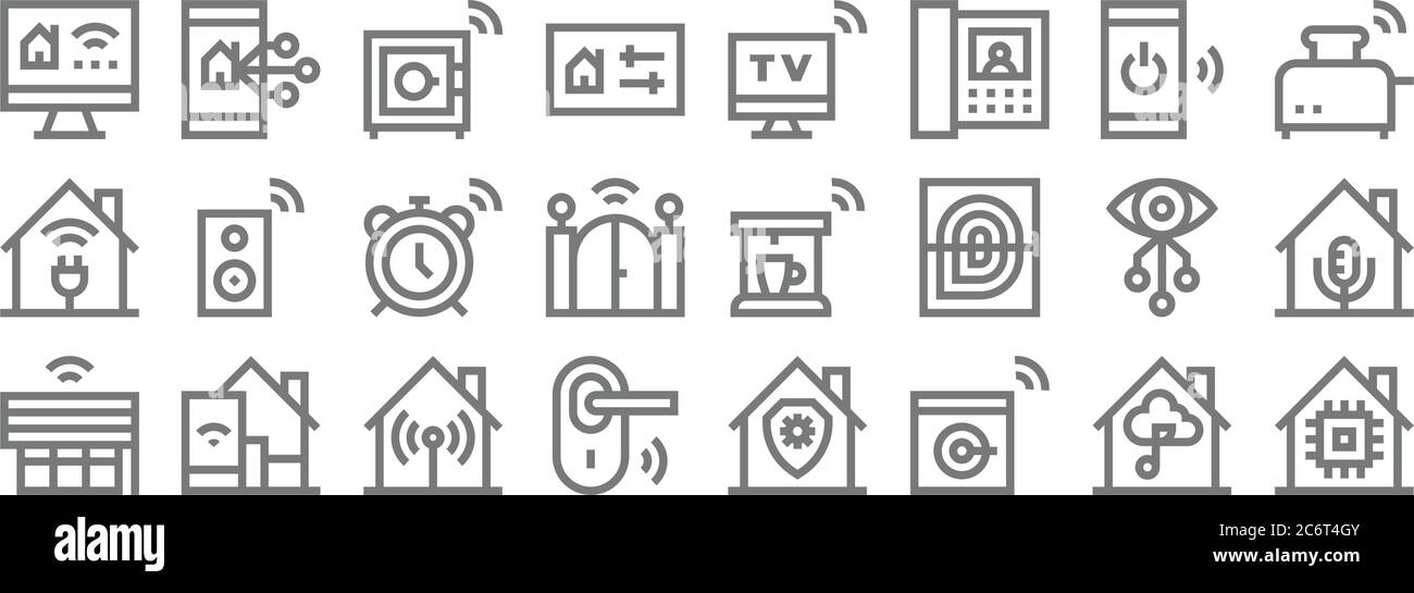 smarthome line icons. linear set. quality vector line set such as cpu, washing machine, door lock, smart curtain, vision, alarm, toaster, tv, control Stock Vector