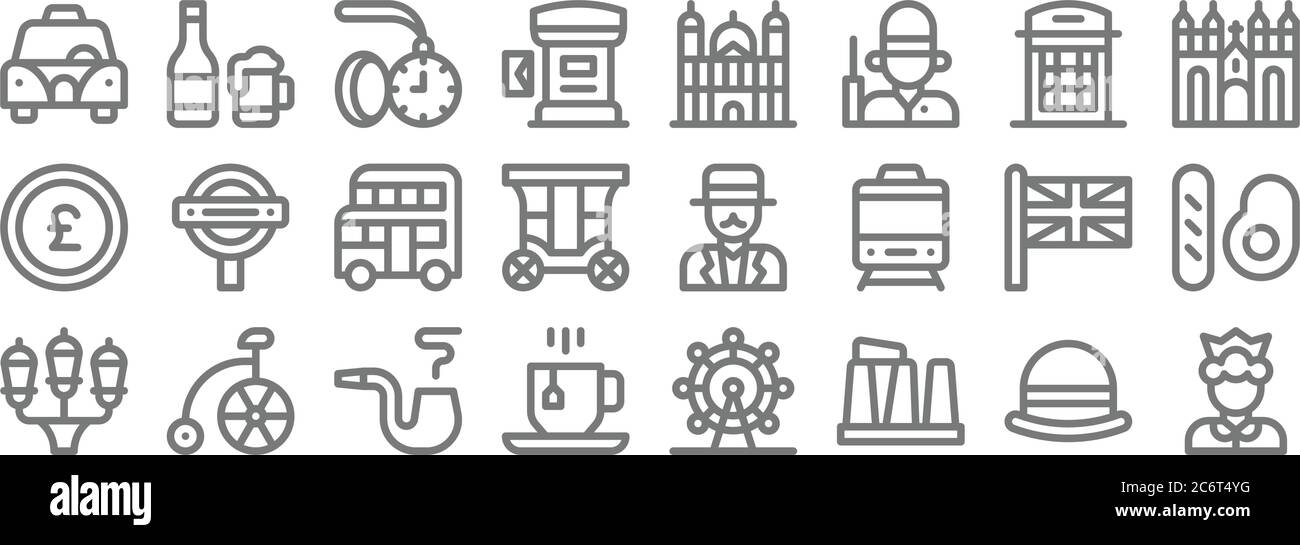england line icons. linear set. quality vector line set such as queen, stonehenge, tea cup, street lights, union jack, double decker bus, westminster, Stock Vector
